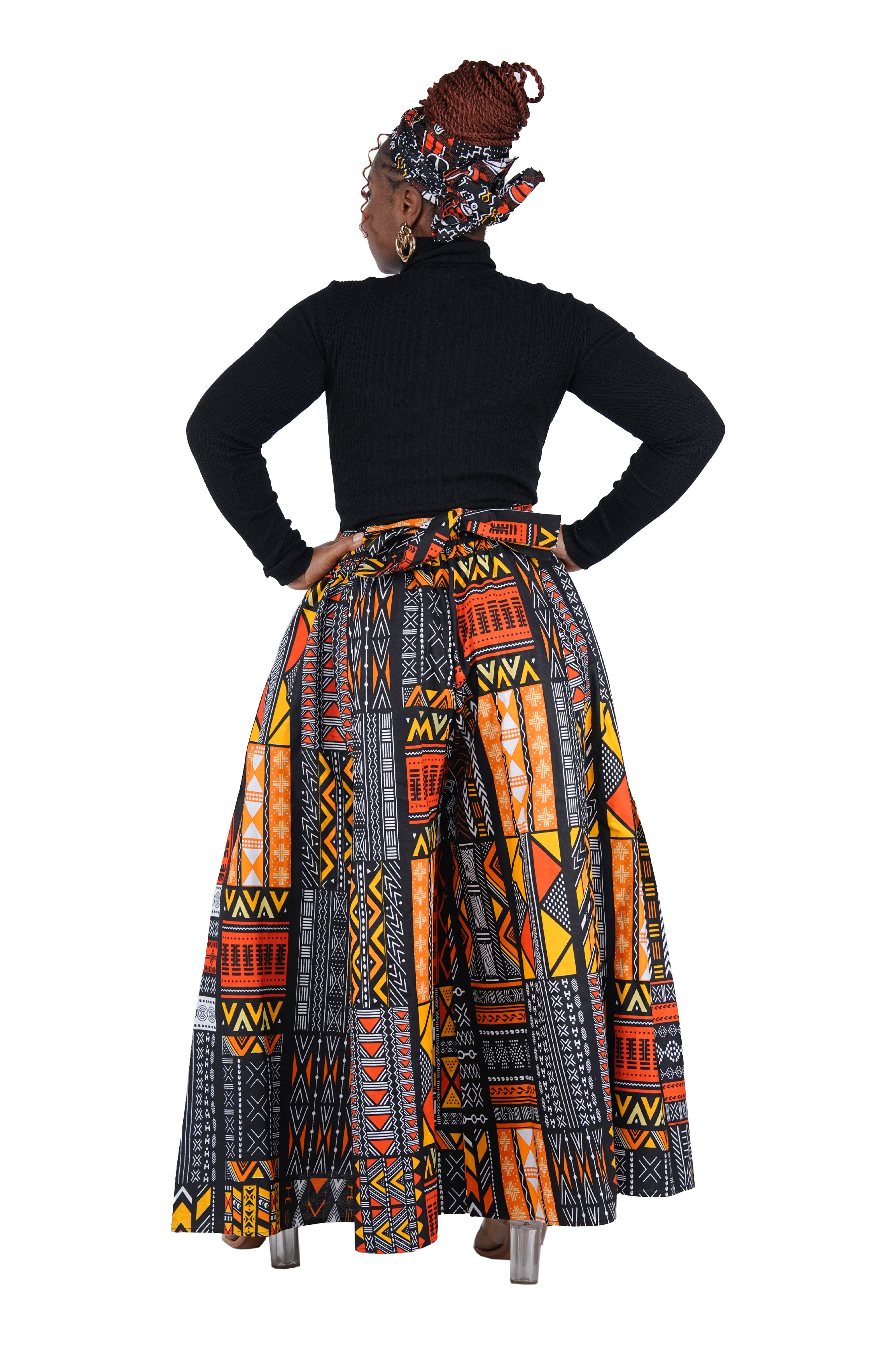 African Palazzo Pants Set w/ Headwrap | Wide Leg Cotton Pants w/ Belts & Pockets, One Size