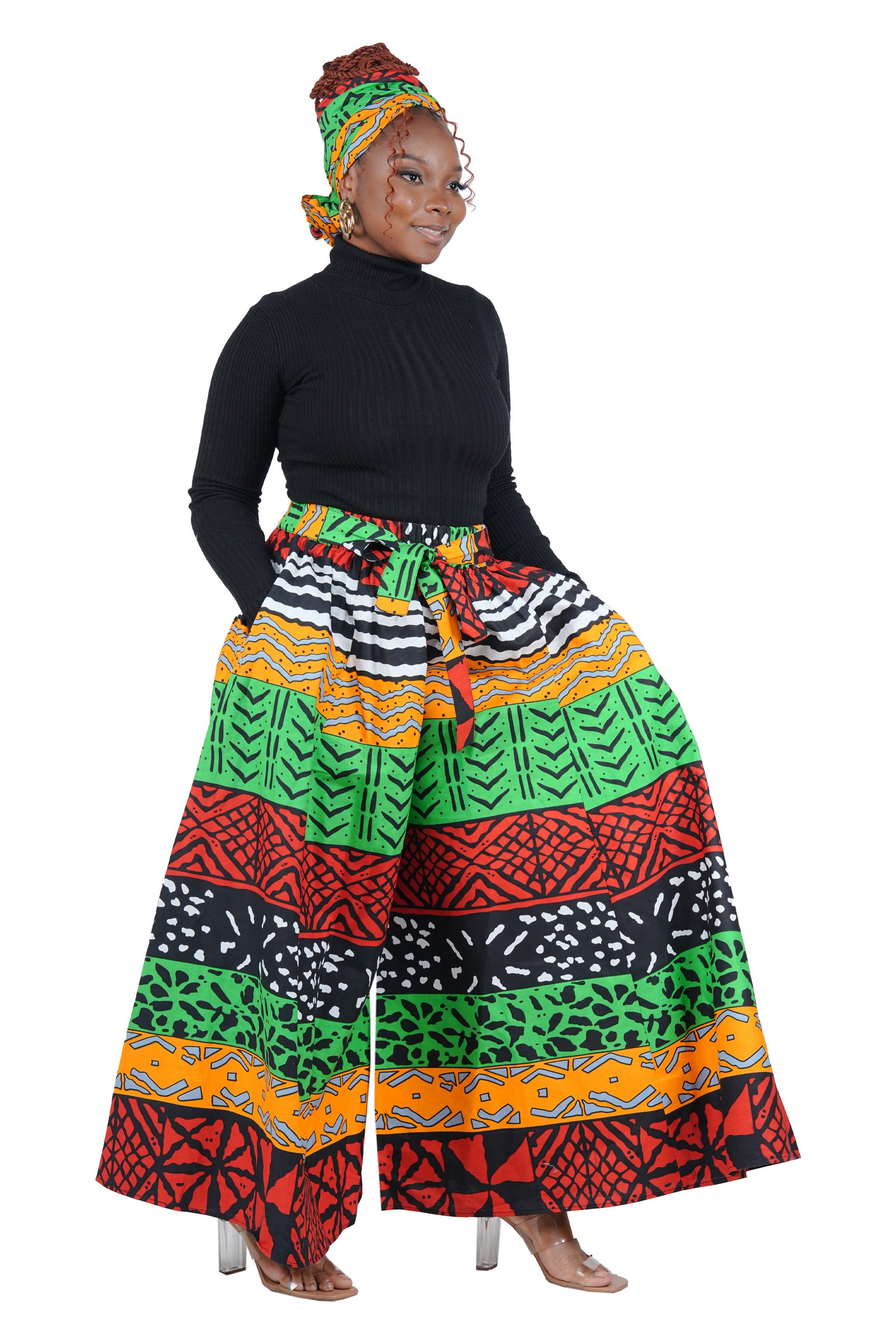 African Palazzo Pants Set w/ Headwrap | Wide Leg Cotton Pants w/ Belts & Pockets, One Size