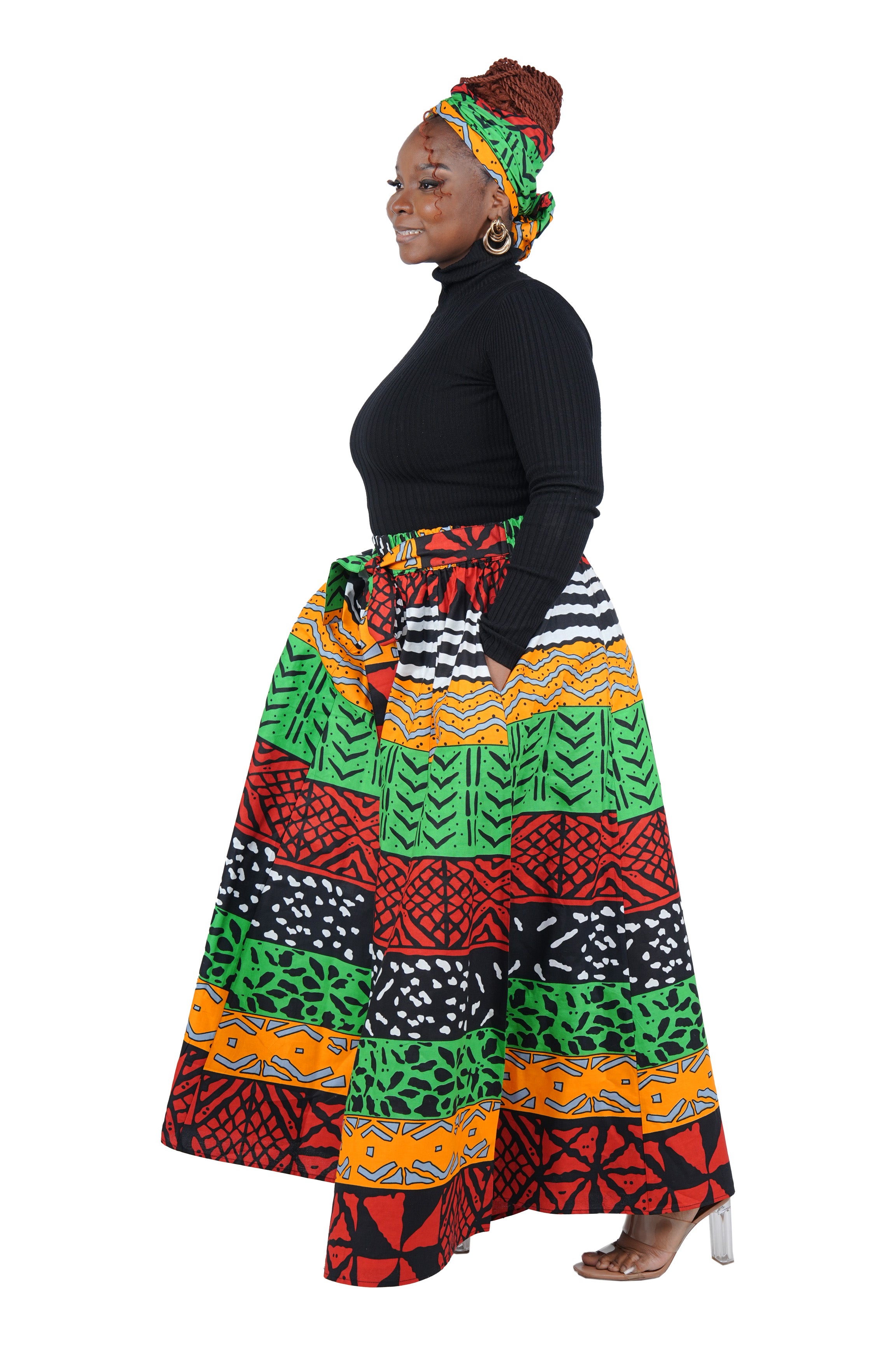 African Palazzo Pants Set w/ Headwrap | Wide Leg Cotton Pants w/ Belts & Pockets, One Size