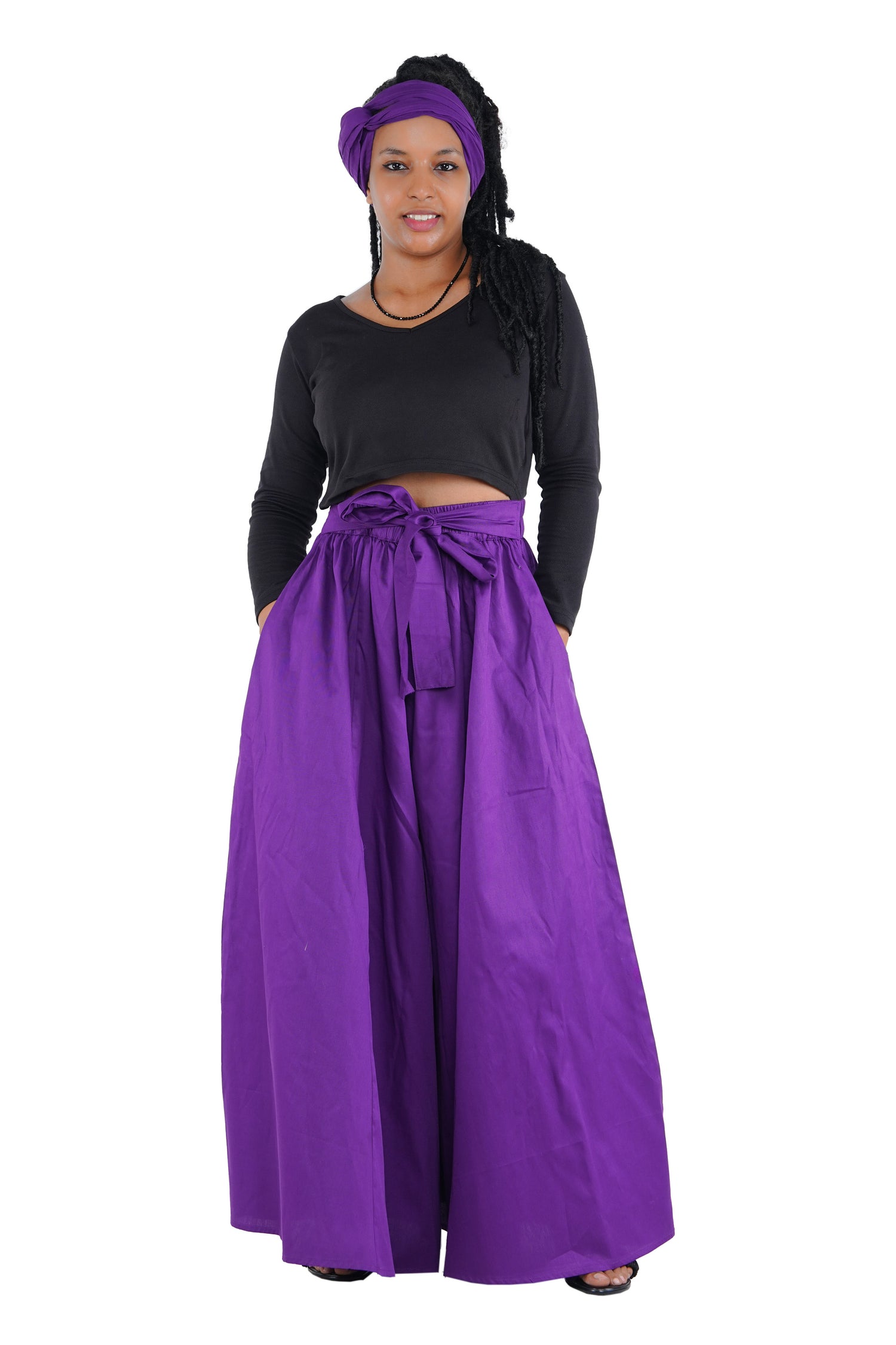 Purple Palazzo Pants Set w/ Headwrap | Wide Leg Cotton Pants w/ Belts & Pockets, One Size Ankara