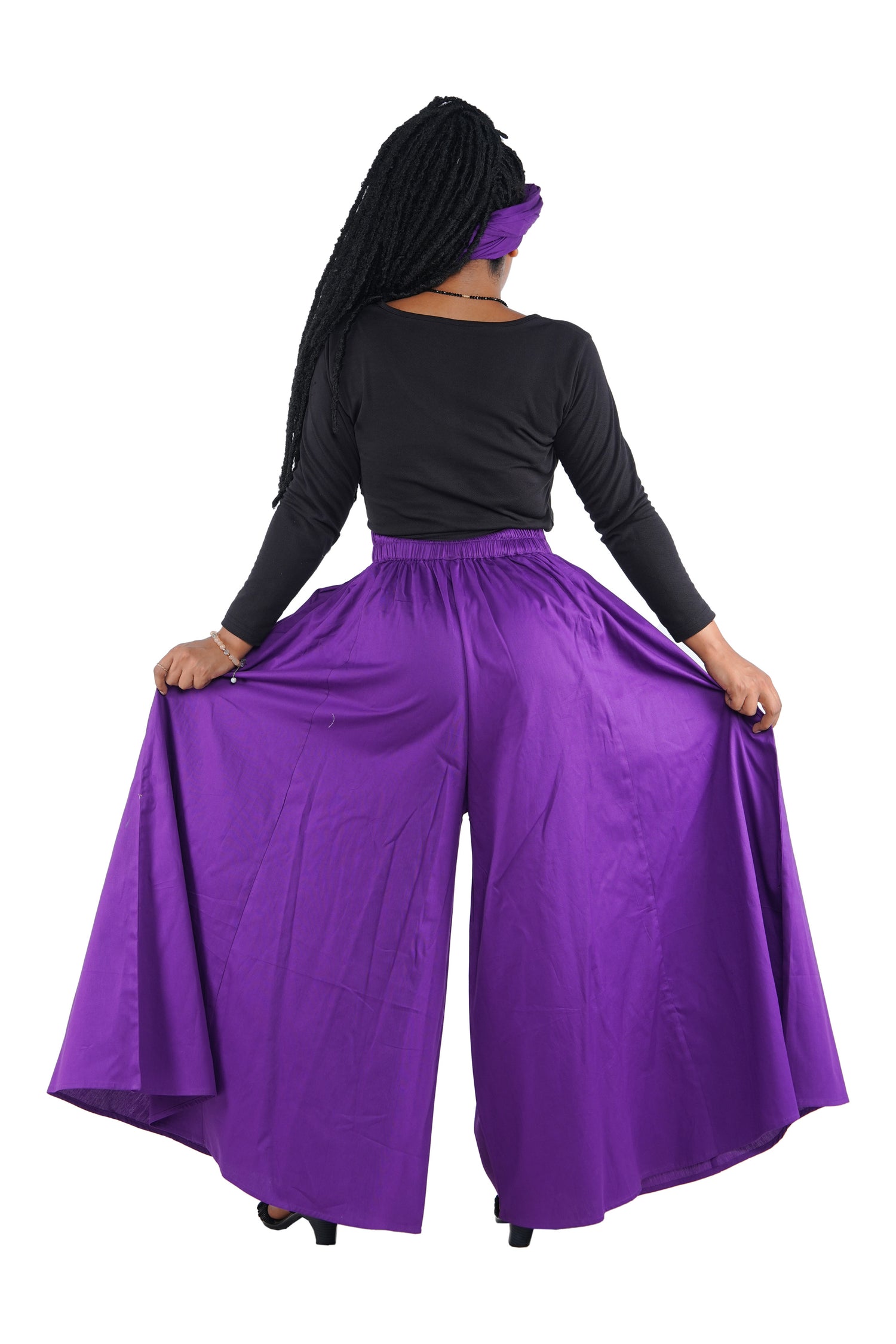 Purple Palazzo Pants Set w/ Headwrap | Wide Leg Cotton Pants w/ Belts & Pockets, One Size Ankara