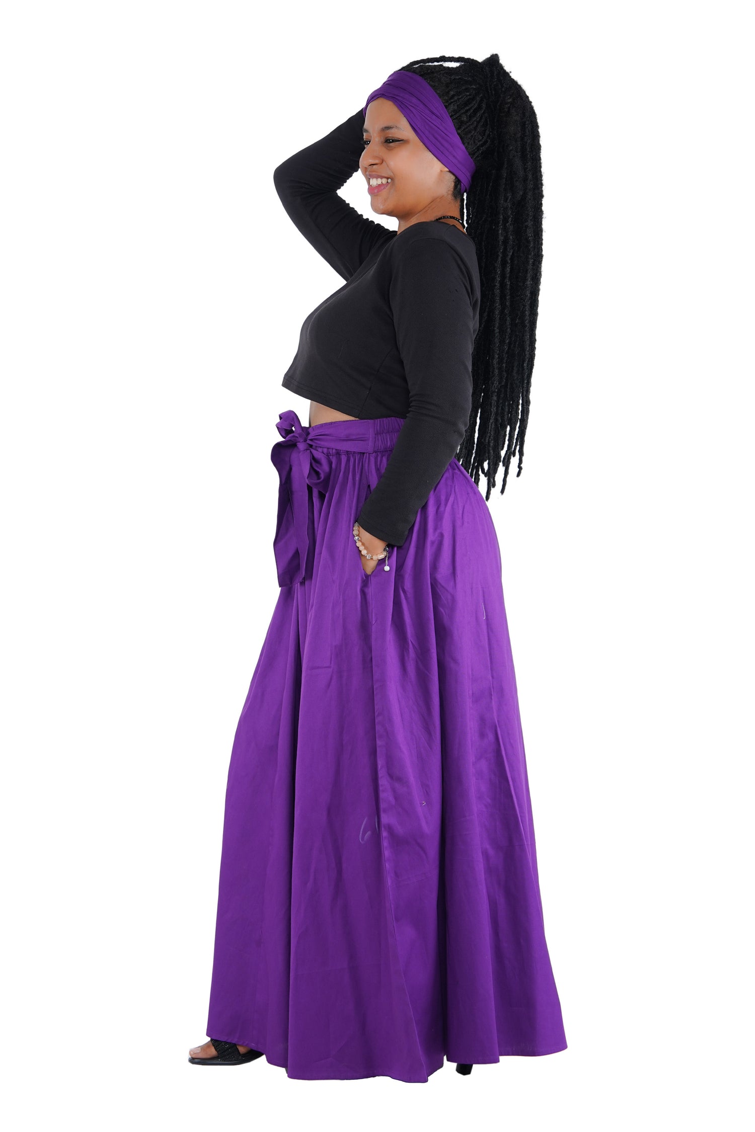 Purple Palazzo Pants Set w/ Headwrap | Wide Leg Cotton Pants w/ Belts & Pockets, One Size Ankara