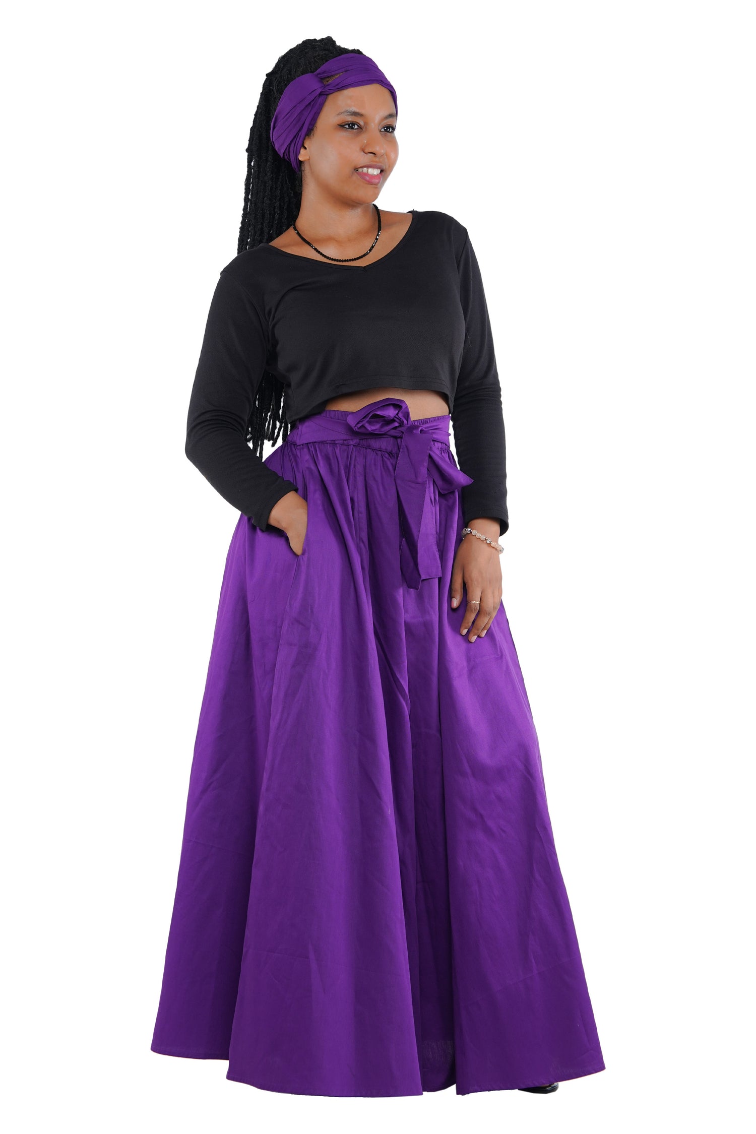 Purple Palazzo Pants Set w/ Headwrap | Wide Leg Cotton Pants w/ Belts & Pockets, One Size Ankara