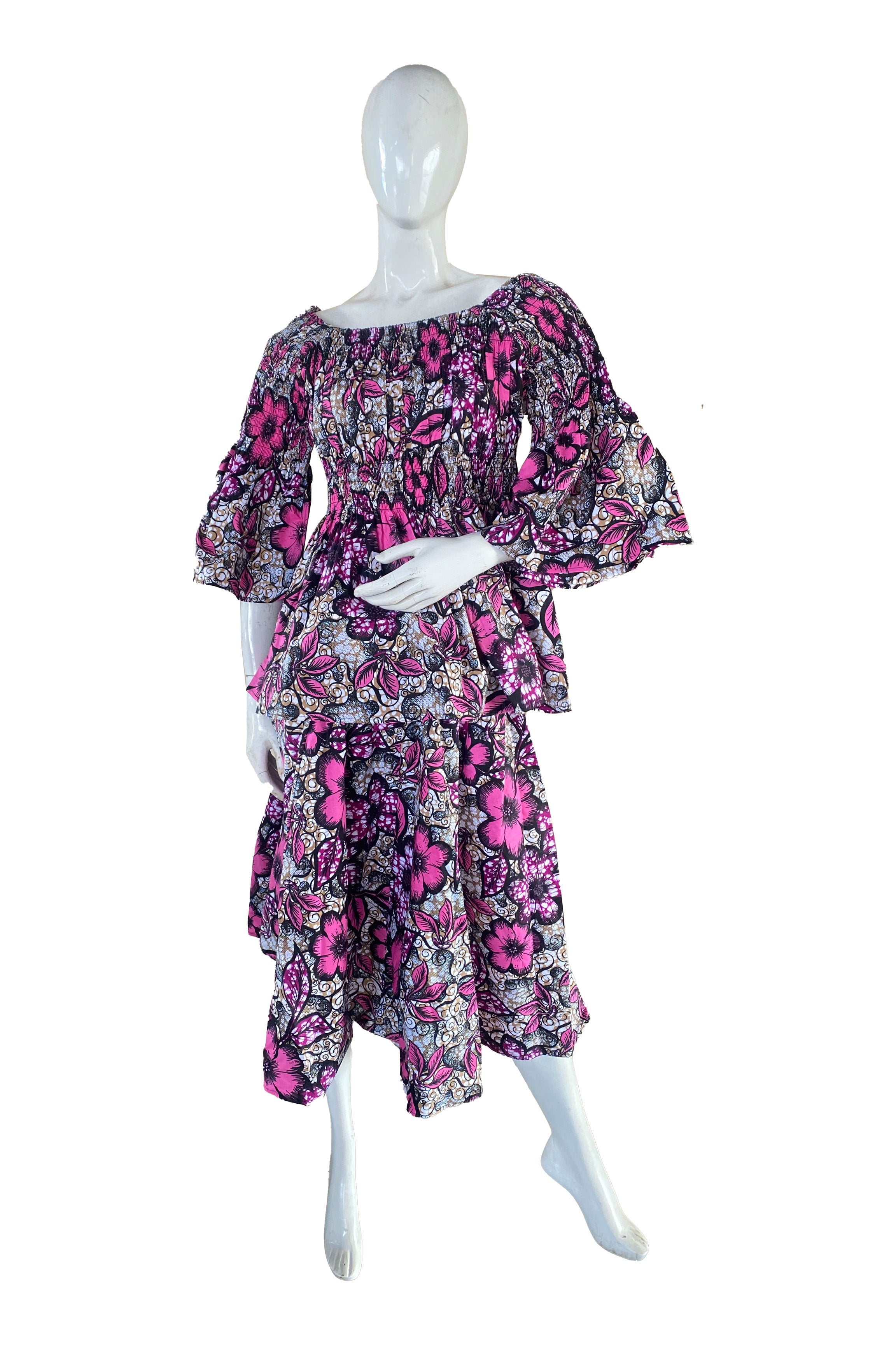 African Ladies Smocked Peplum Blouse & Skirt Set with Headwrap | 100% Cotton