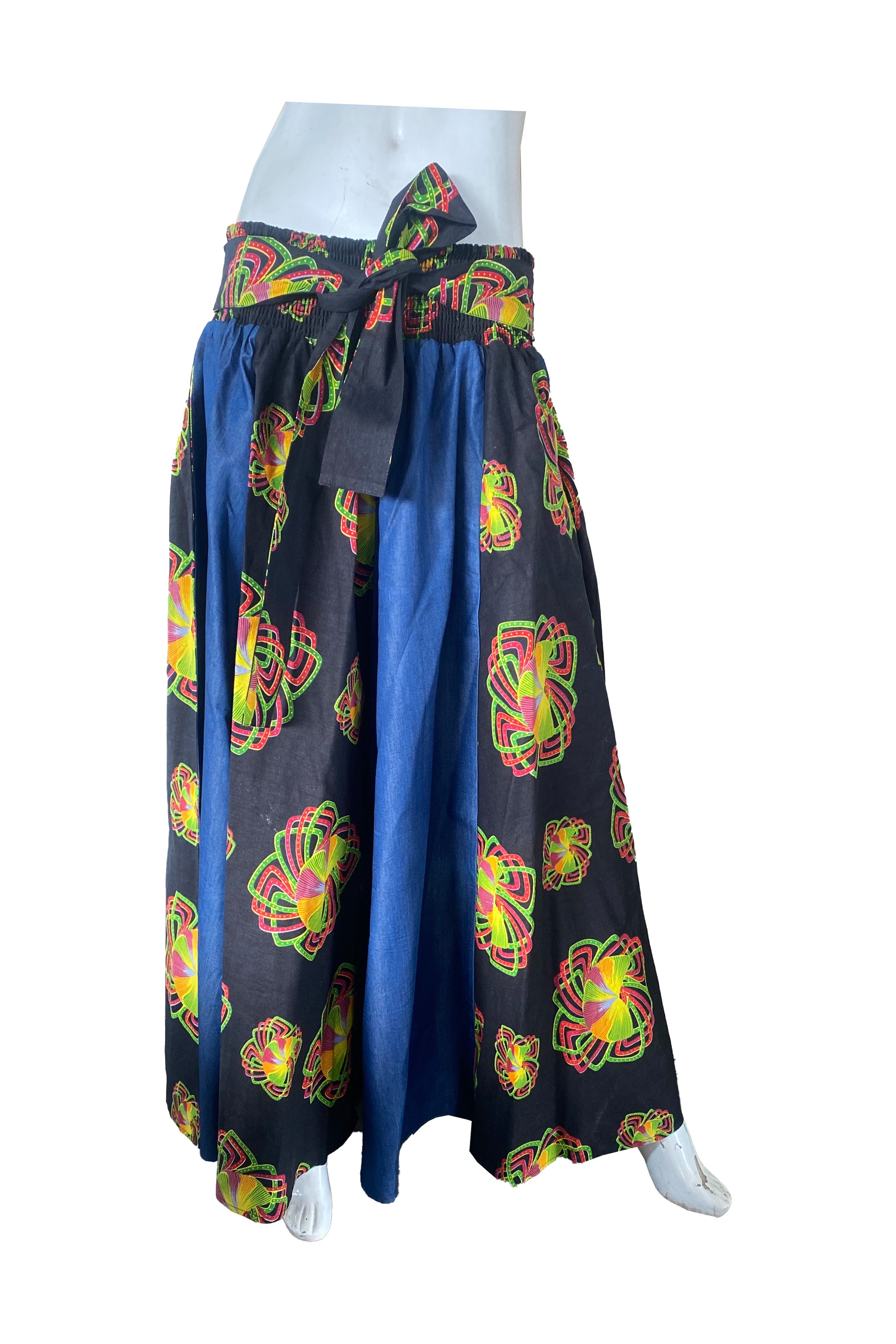 African Women Casual blue Denim with Ankara Print Mid length Skirt