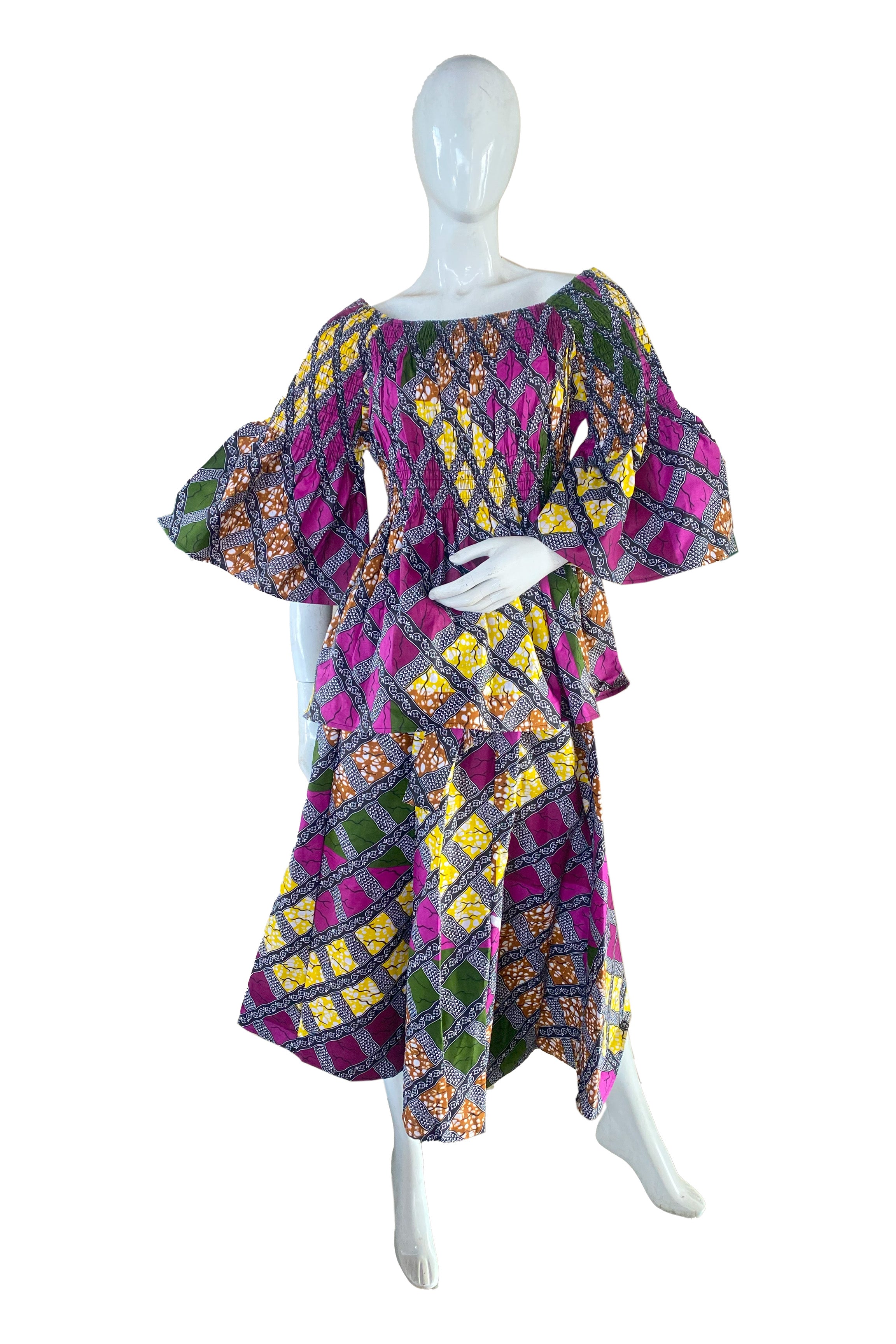 African ladies smocked peplum blouse and skirt set with matching