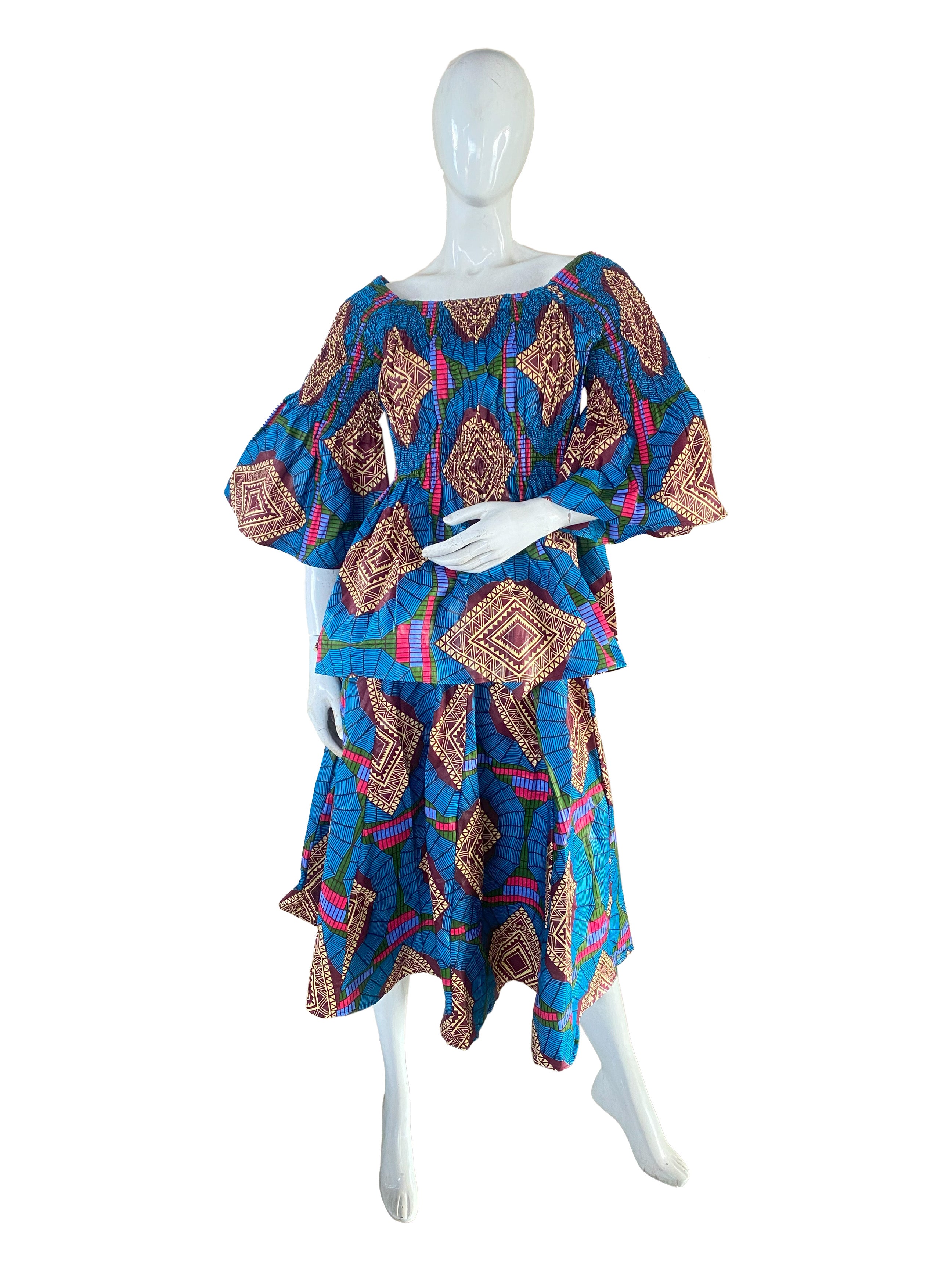 African Ladies Smocked Peplum Blouse & Skirt Set with Headwrap | 100% Cotton