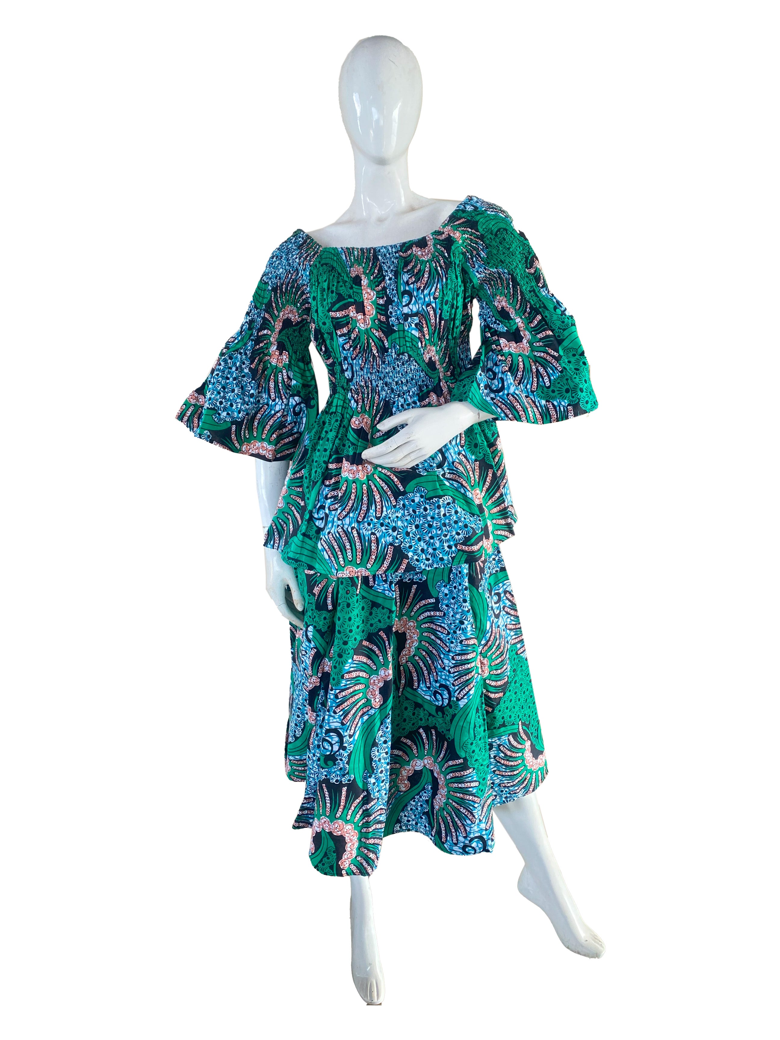 African Ladies Smocked Peplum Blouse & Skirt Set with Headwrap | 100% Cotton