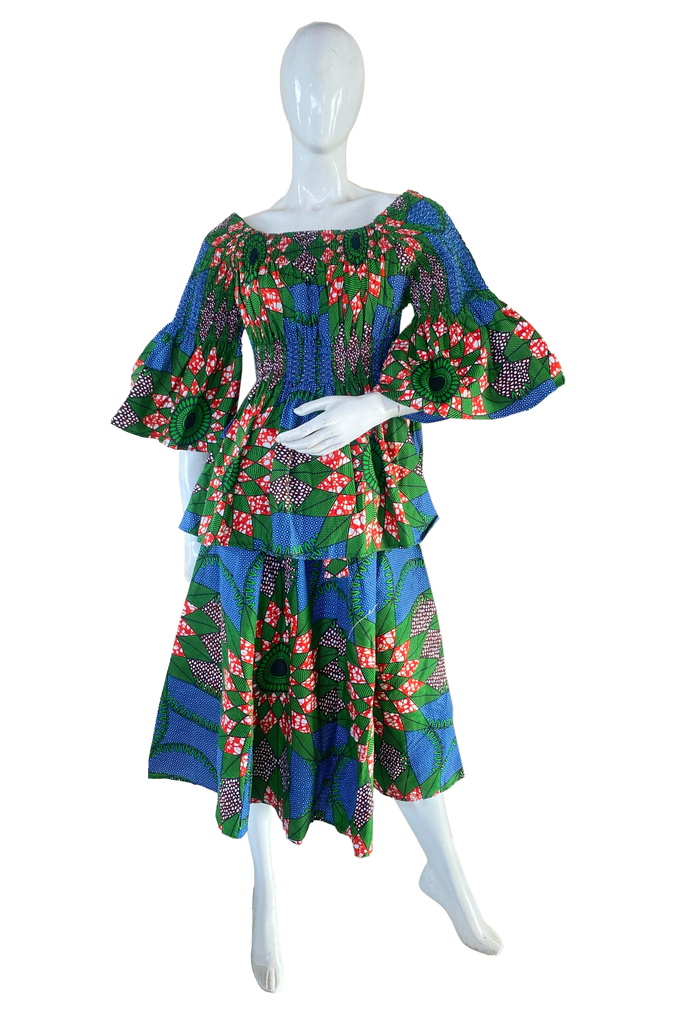 African Ladies Smocked Peplum Blouse & Skirt Set with Headwrap | 100% Cotton