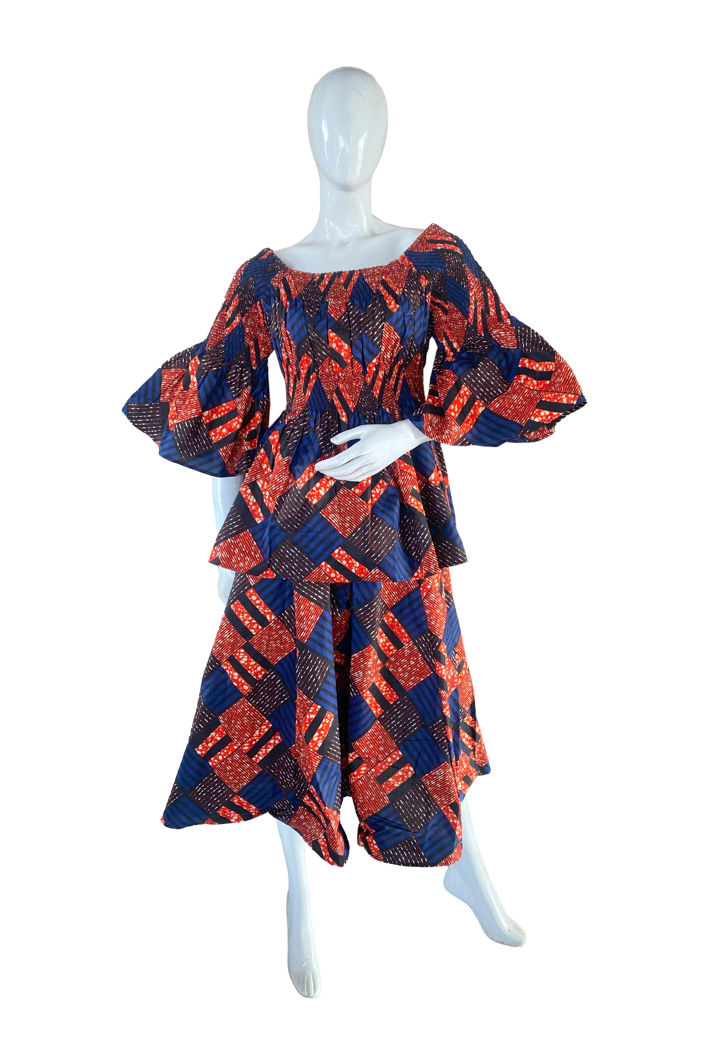 African Ladies Smocked Peplum Blouse & Skirt Set with Headwrap | 100% Cotton