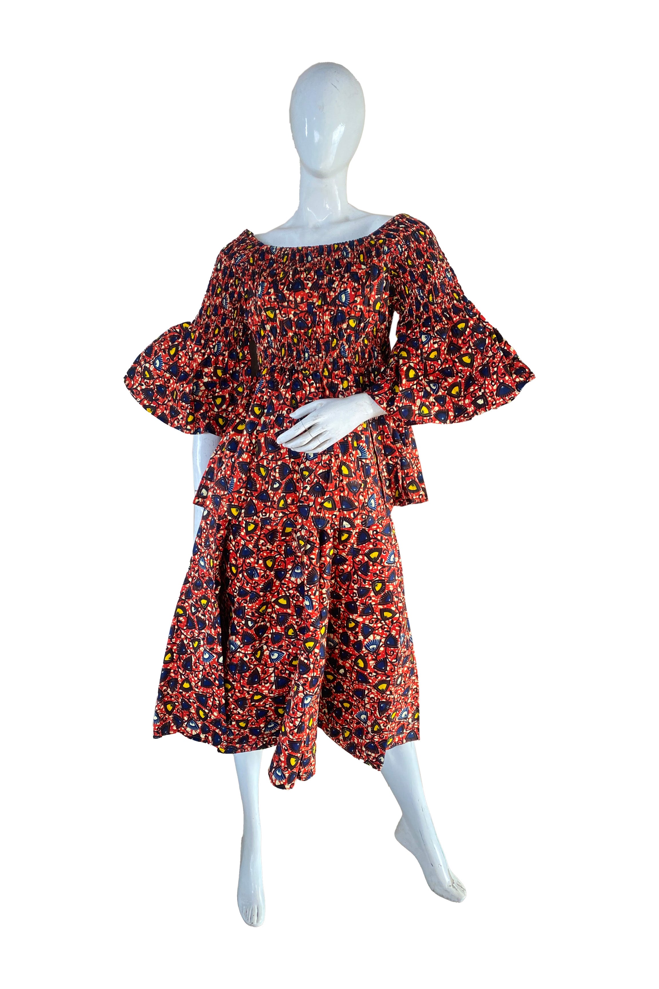 African Ladies Smocked Peplum Blouse & Skirt Set with Headwrap | 100% Cotton