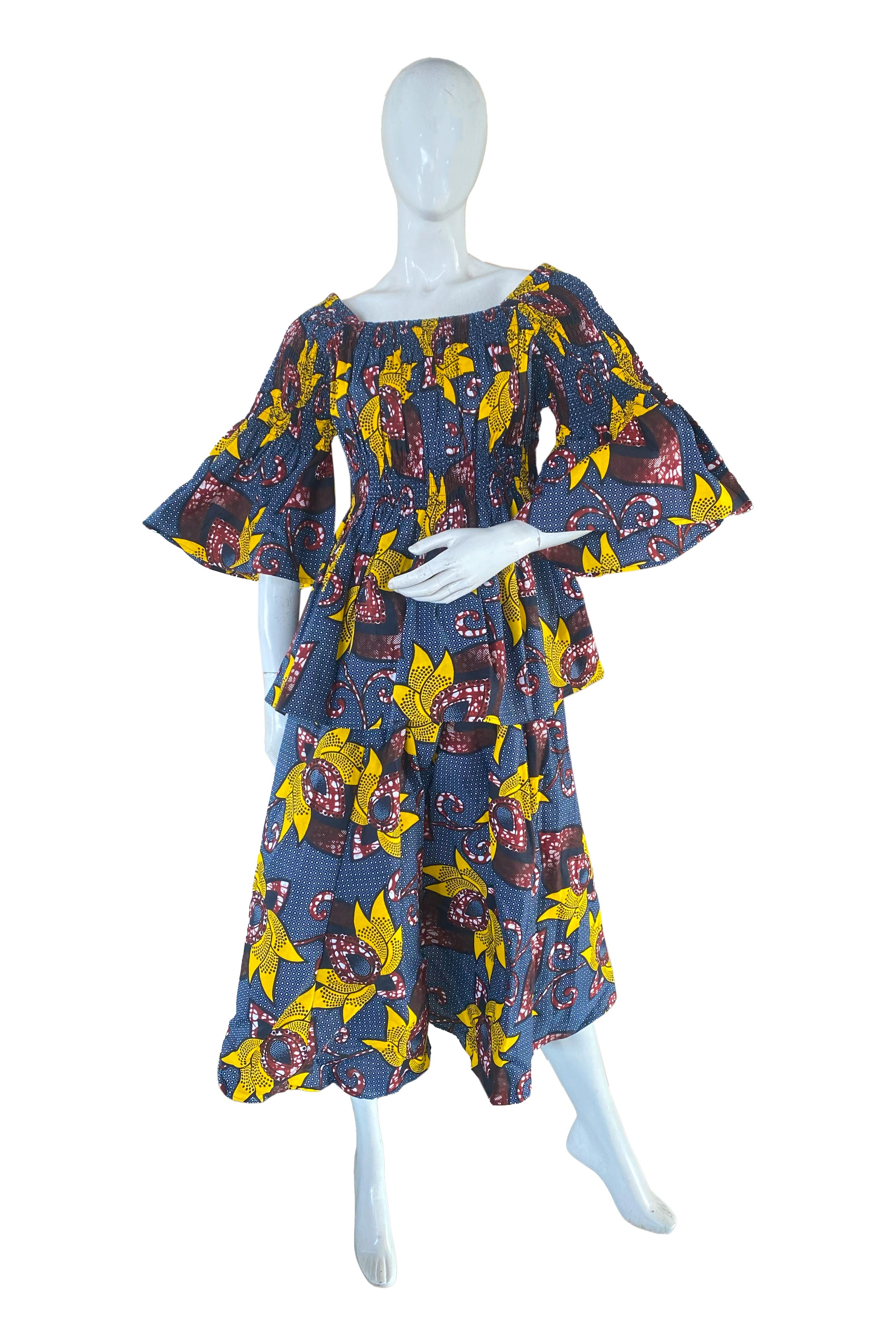 African Ladies Smocked Peplum Blouse & Skirt Set with Headwrap | 100% Cotton