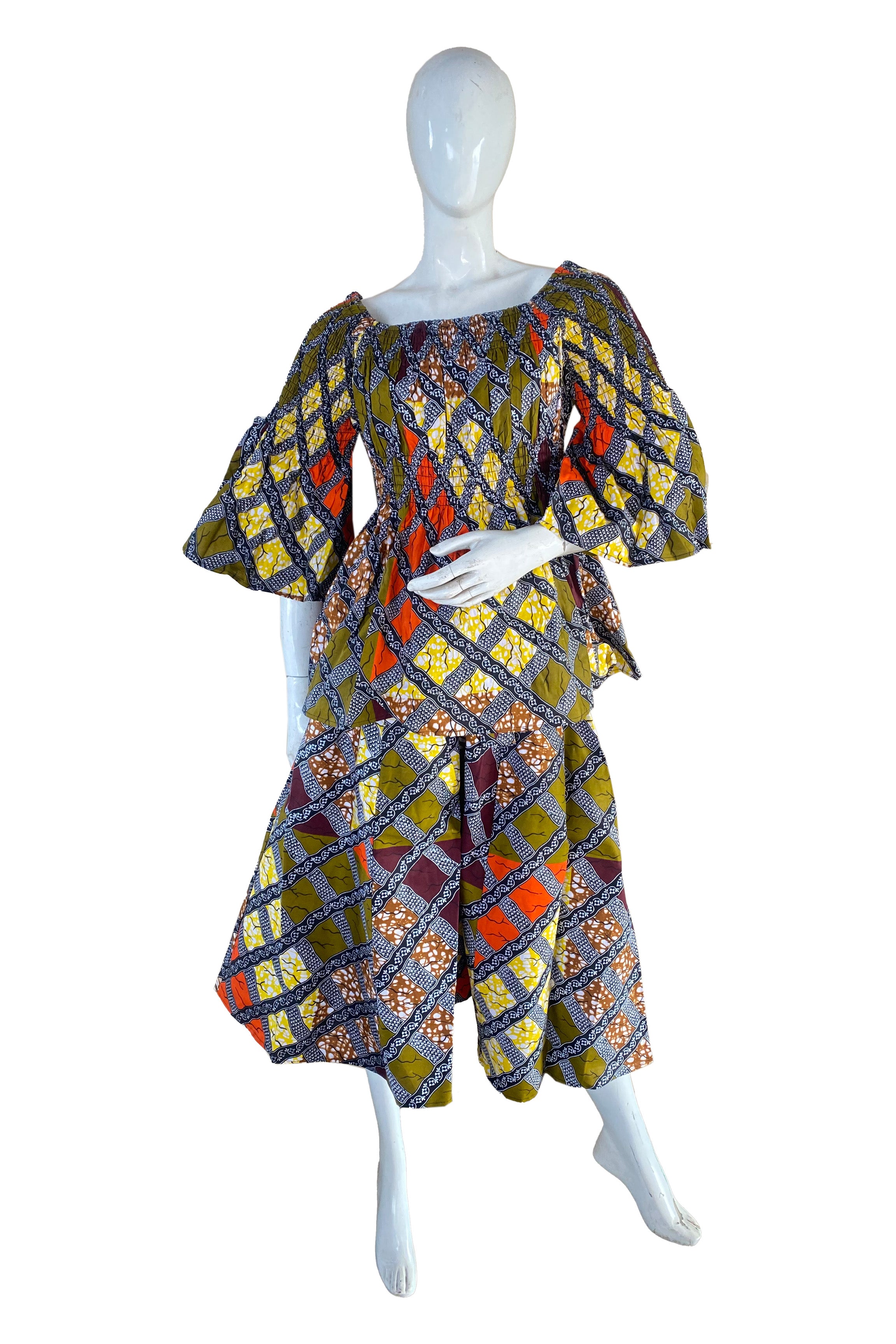African Ladies Smocked Peplum Blouse & Skirt Set with Headwrap | 100% Cotton