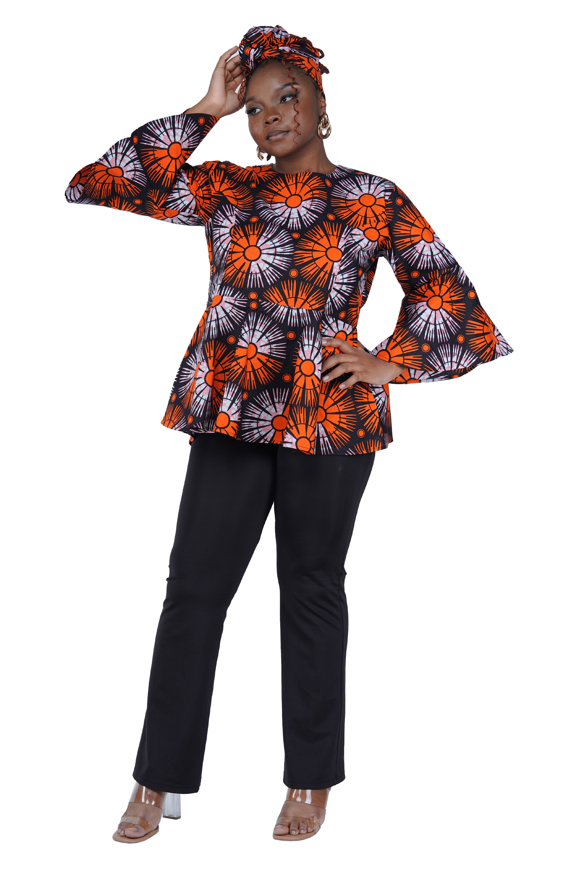 African Print Cotton Top with Umbrella Sleeves & Matching Headwrap | M to 5XL