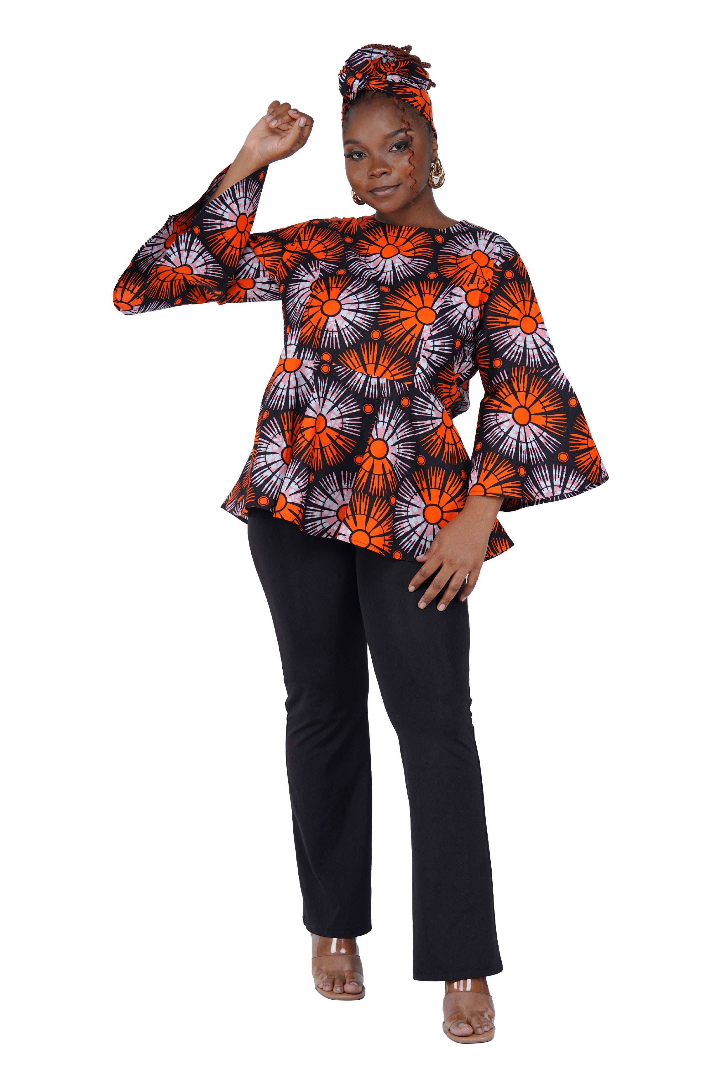 African Print Cotton Top with Umbrella Sleeves & Matching Headwrap | M to 5XL