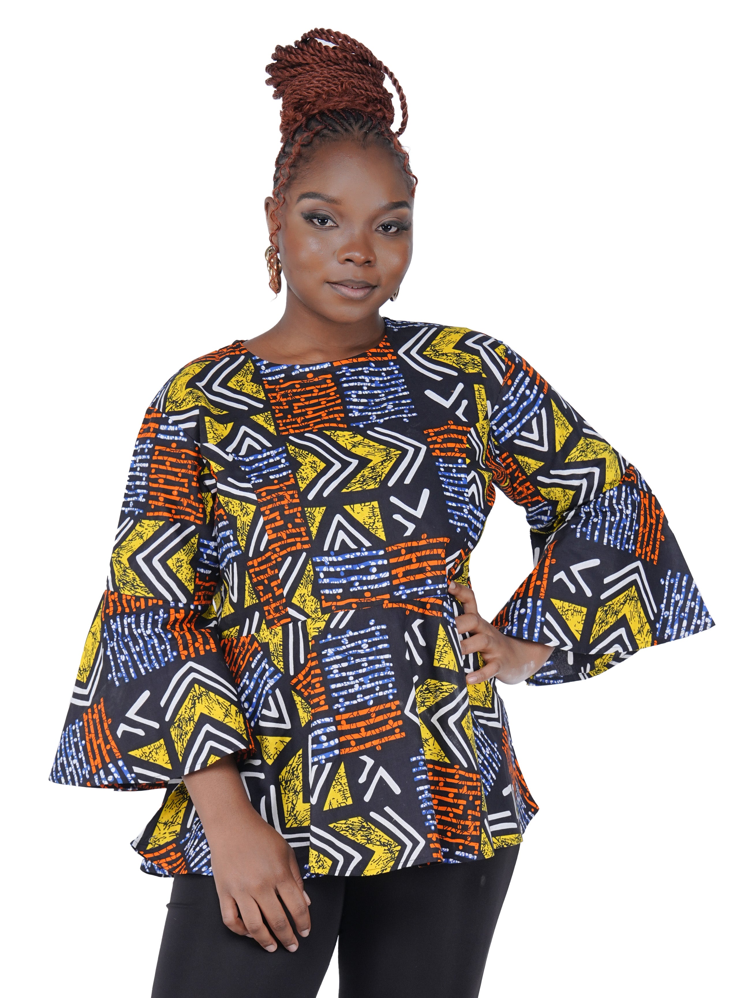 African Print Cotton Top with Umbrella Sleeves & Matching Headwrap | M to 5XL