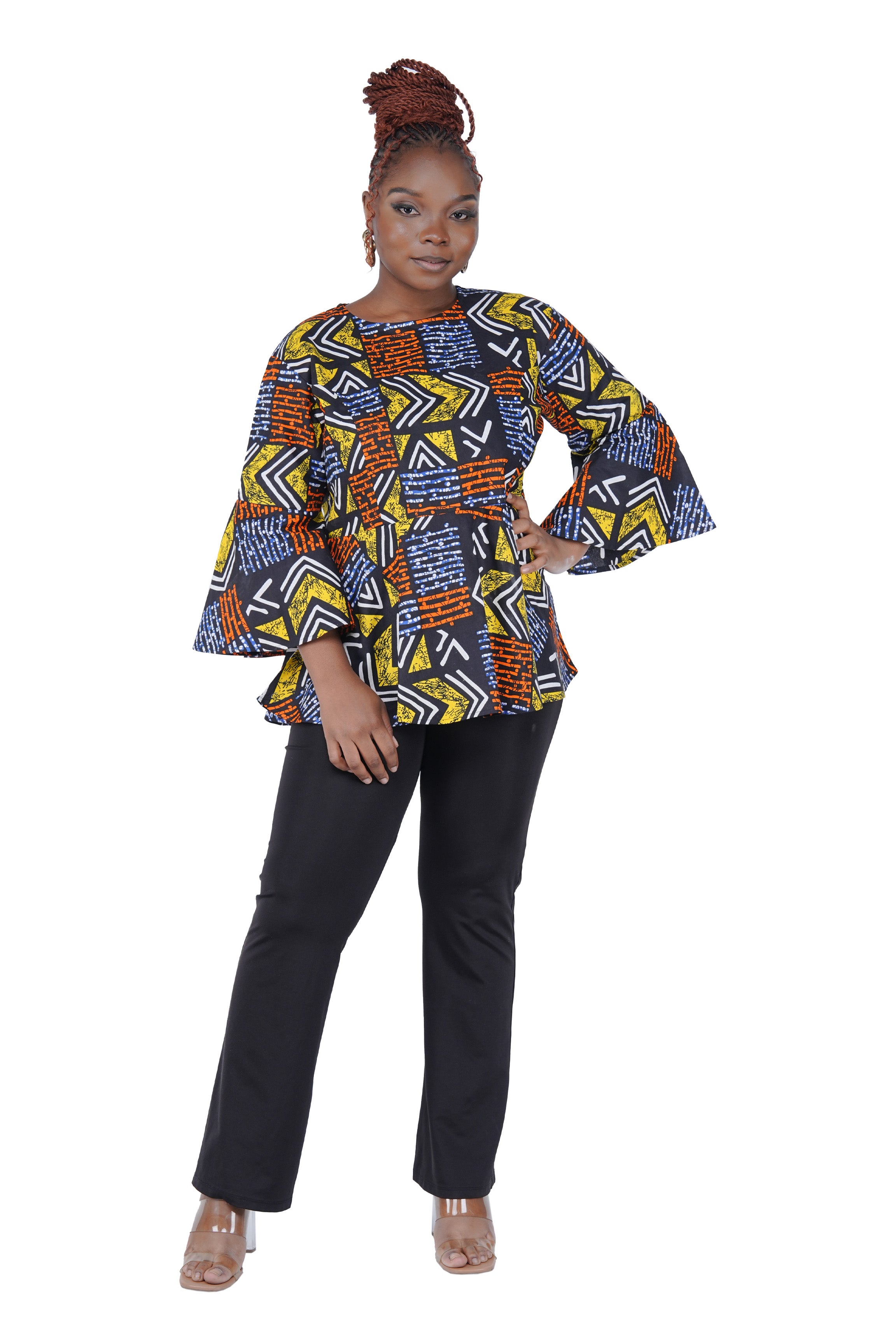 African Print Cotton Top with Umbrella Sleeves & Matching Headwrap | M to 5XL