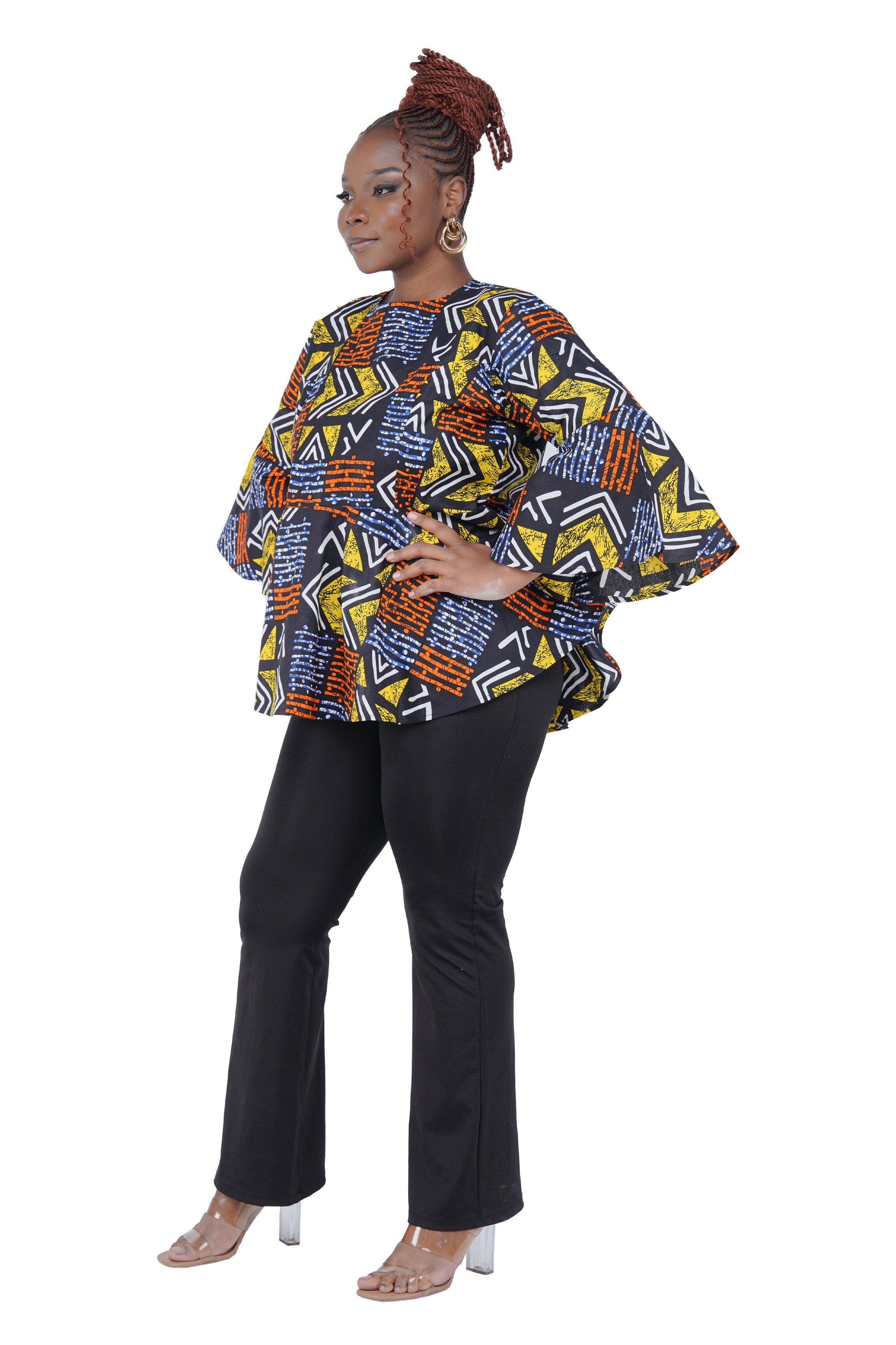 African Print Cotton Top with Umbrella Sleeves & Matching Headwrap | M to 5XL