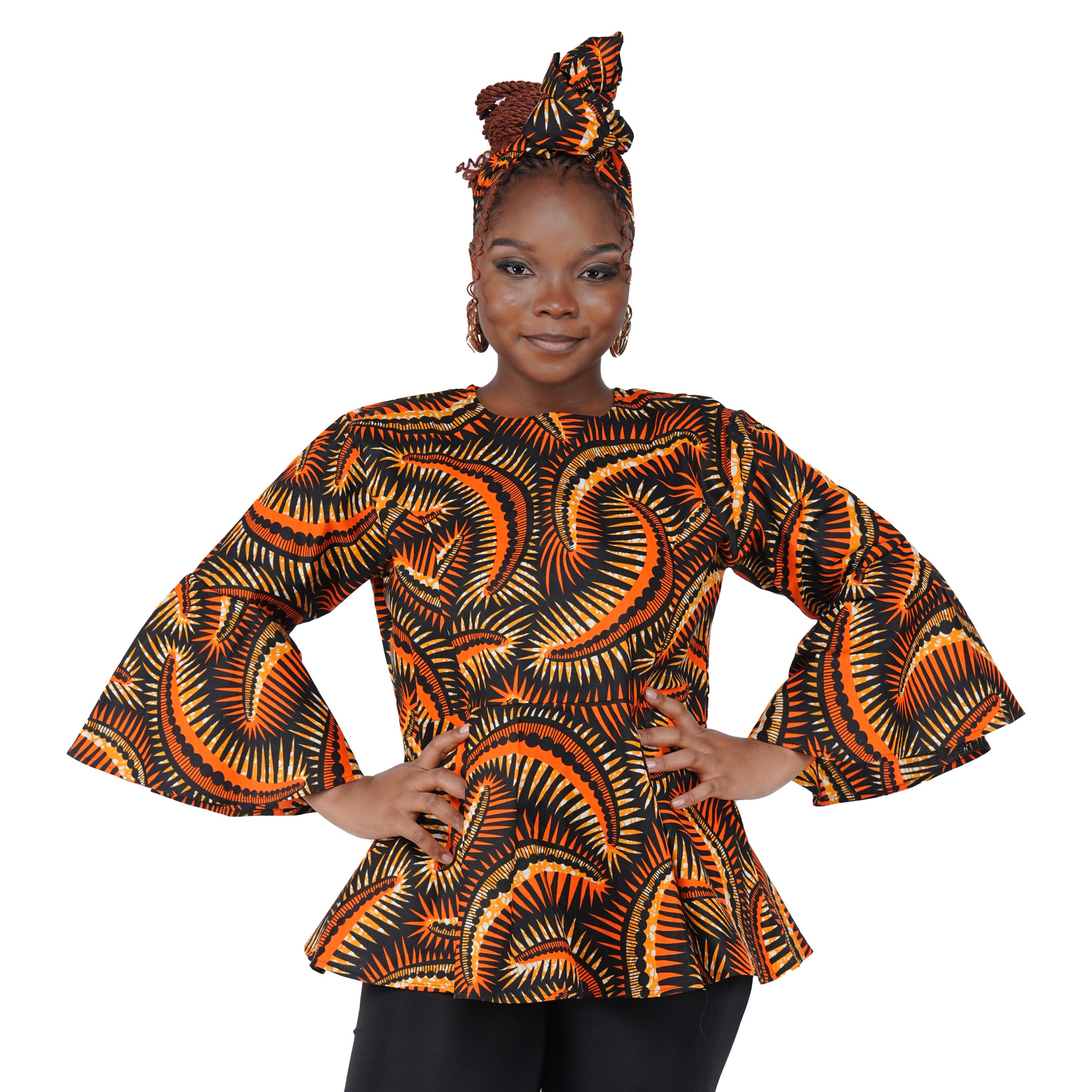 African Print Cotton Top with Umbrella Sleeves & Matching Headwrap | M to 5XL