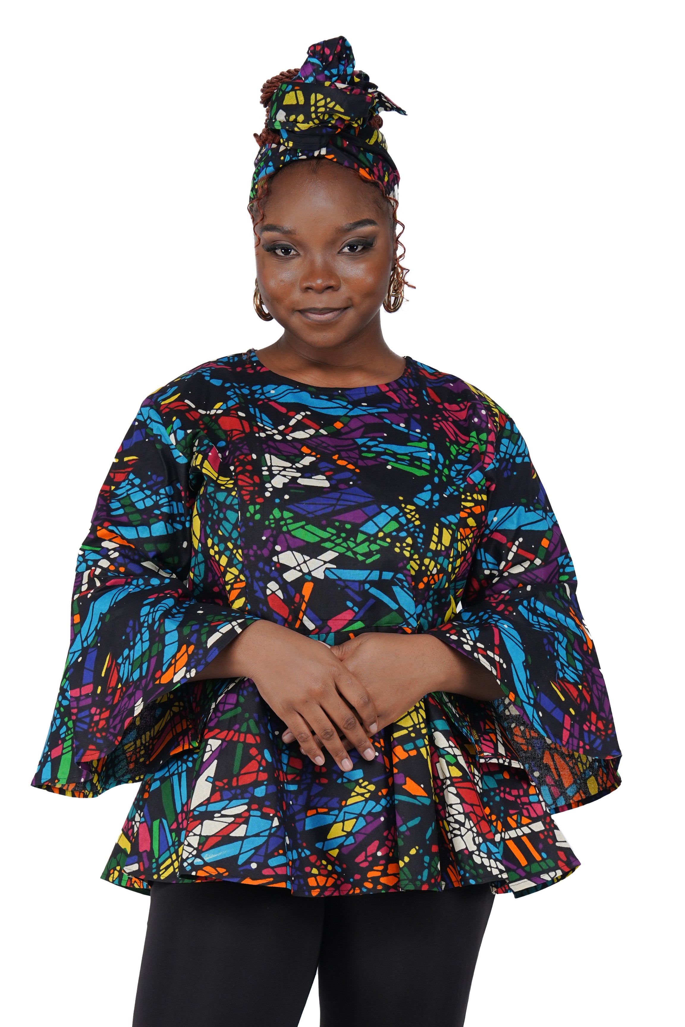 African Print Cotton Top with Umbrella Sleeves & Matching Headwrap | M to 5XL
