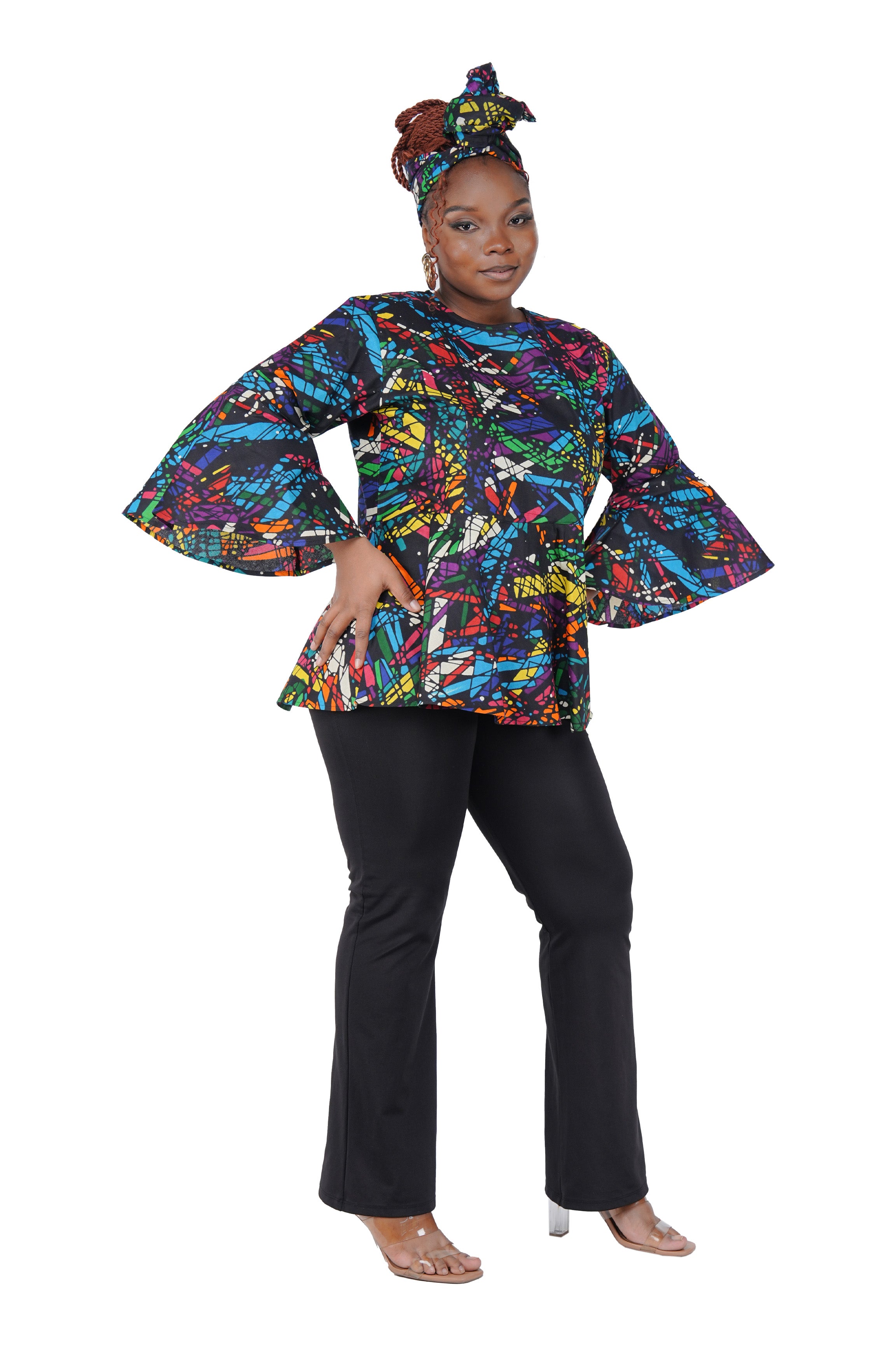 African Print Cotton Top with Umbrella Sleeves & Matching Headwrap | M to 5XL
