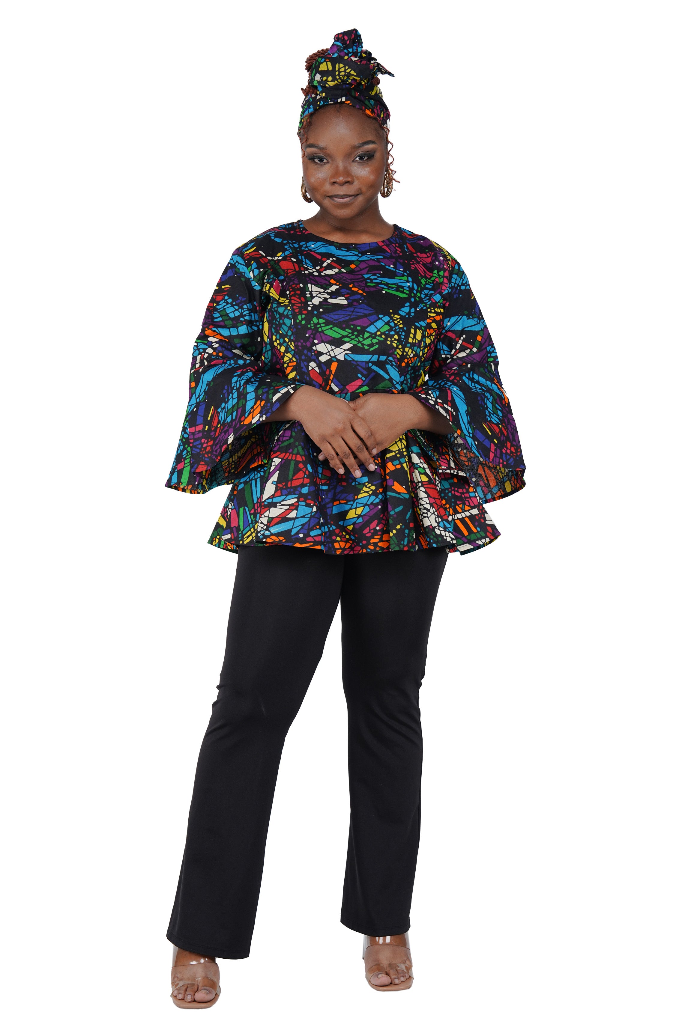 African Print Cotton Top with Umbrella Sleeves & Matching Headwrap | M to 5XL