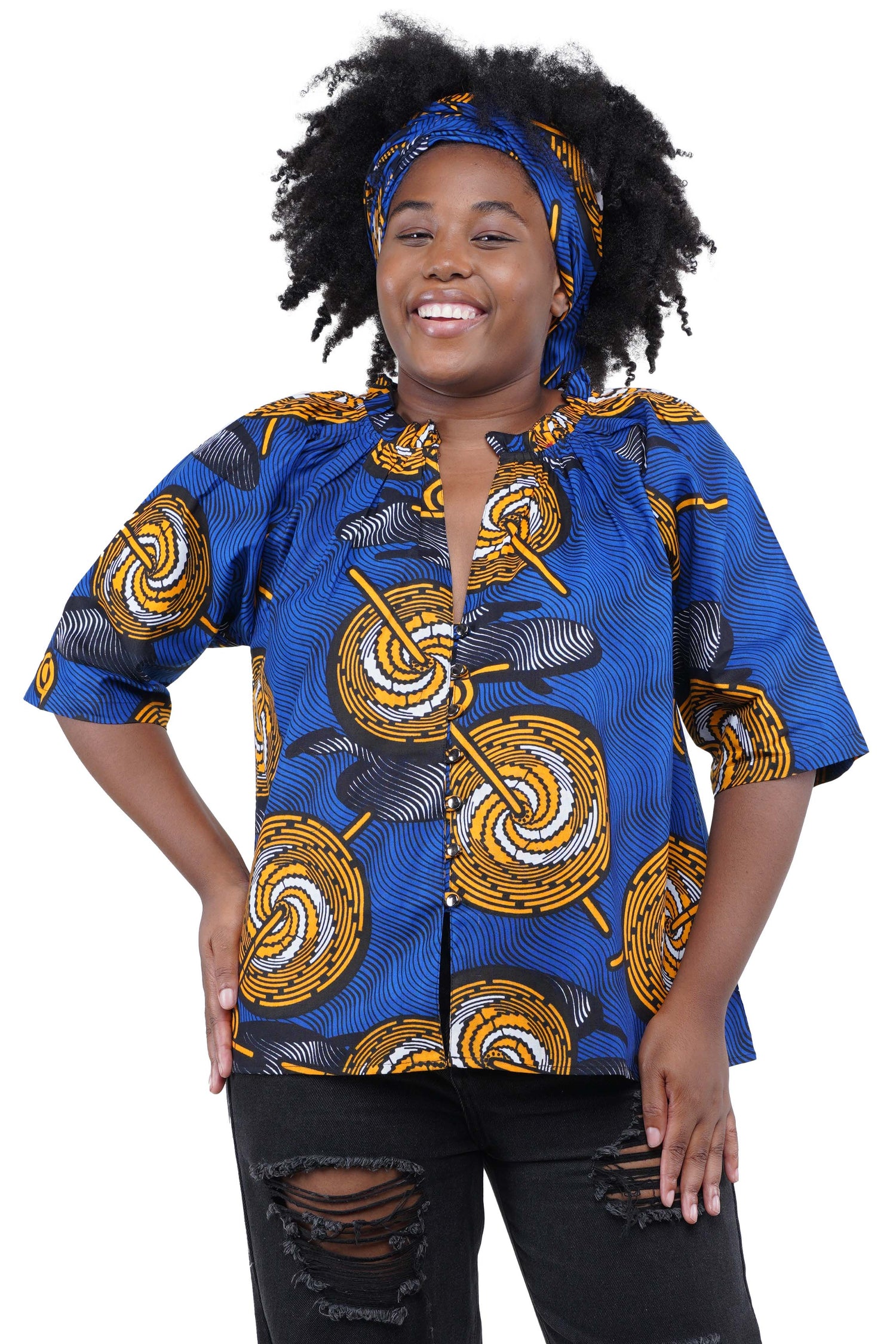 African button down shirt with frill collar front view