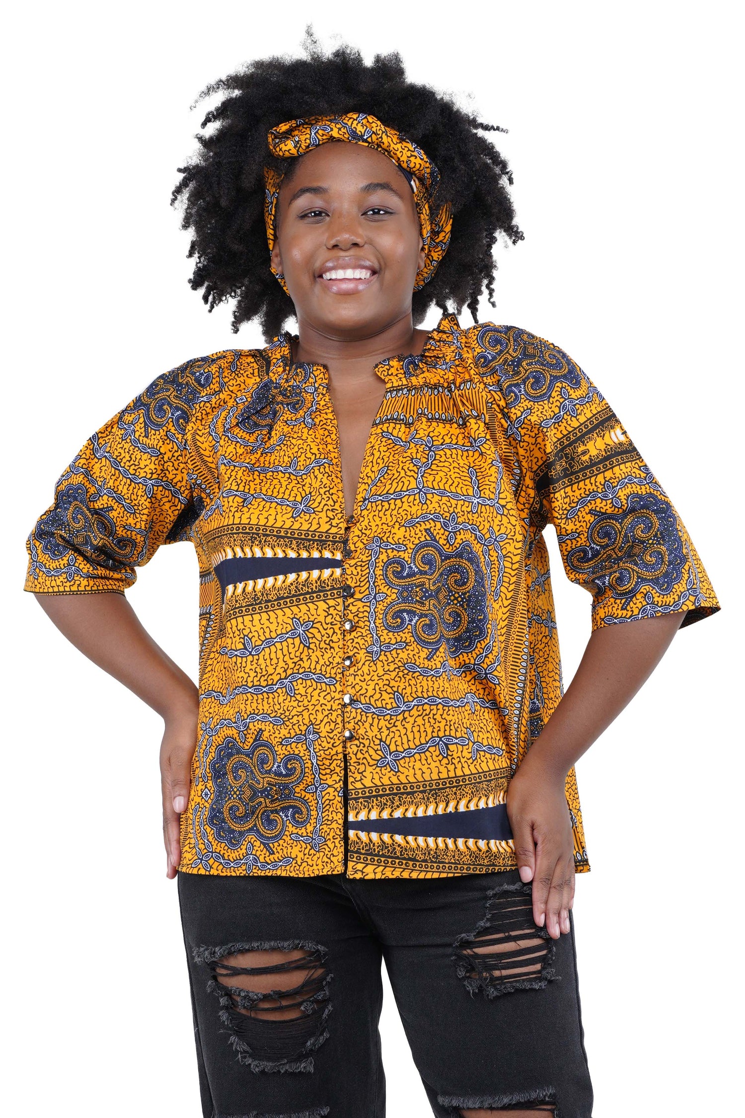 African Button Down Cotton Shirt | Frill Collar Afrocentric Top M–5XL