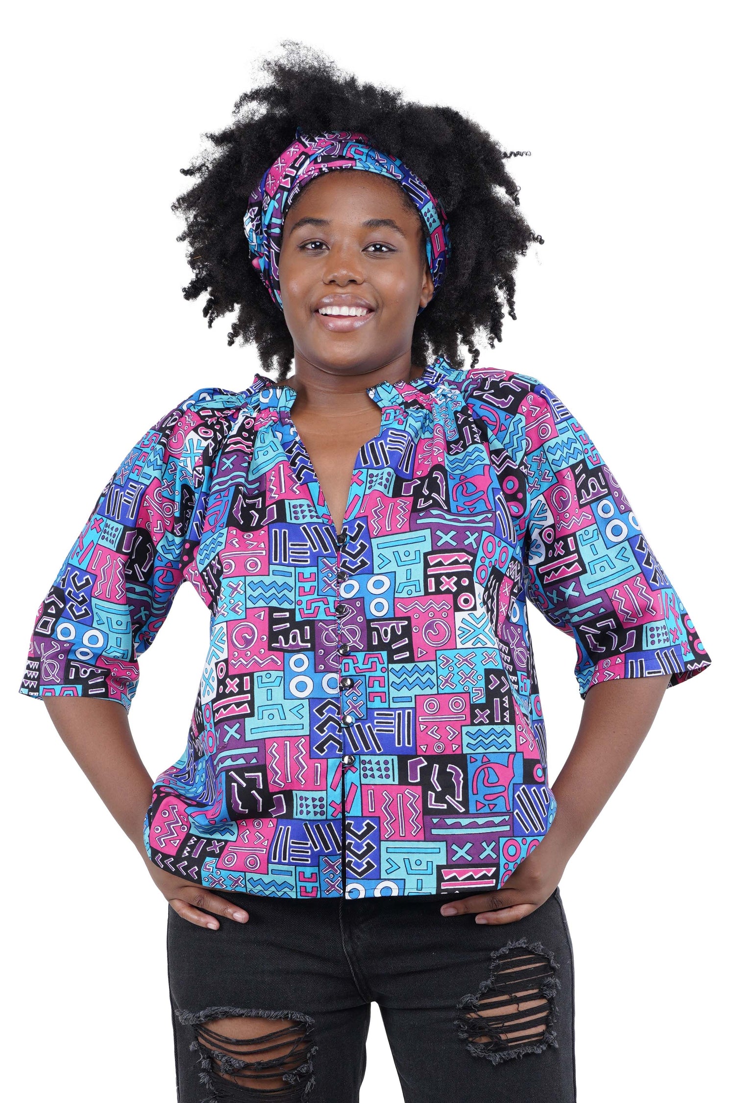 African button down shirt with frill collar front view