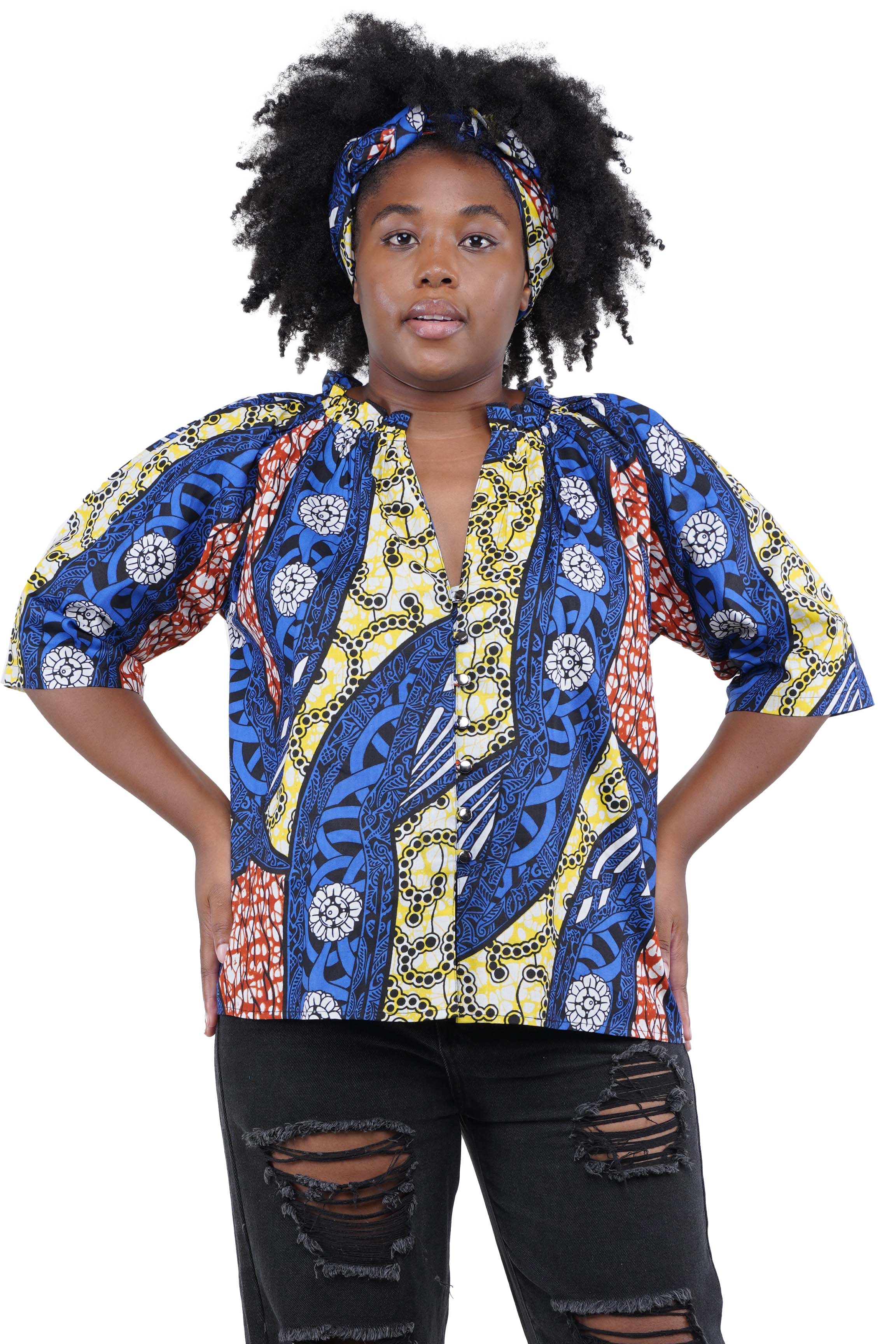 African button down shirt with frill collar front view