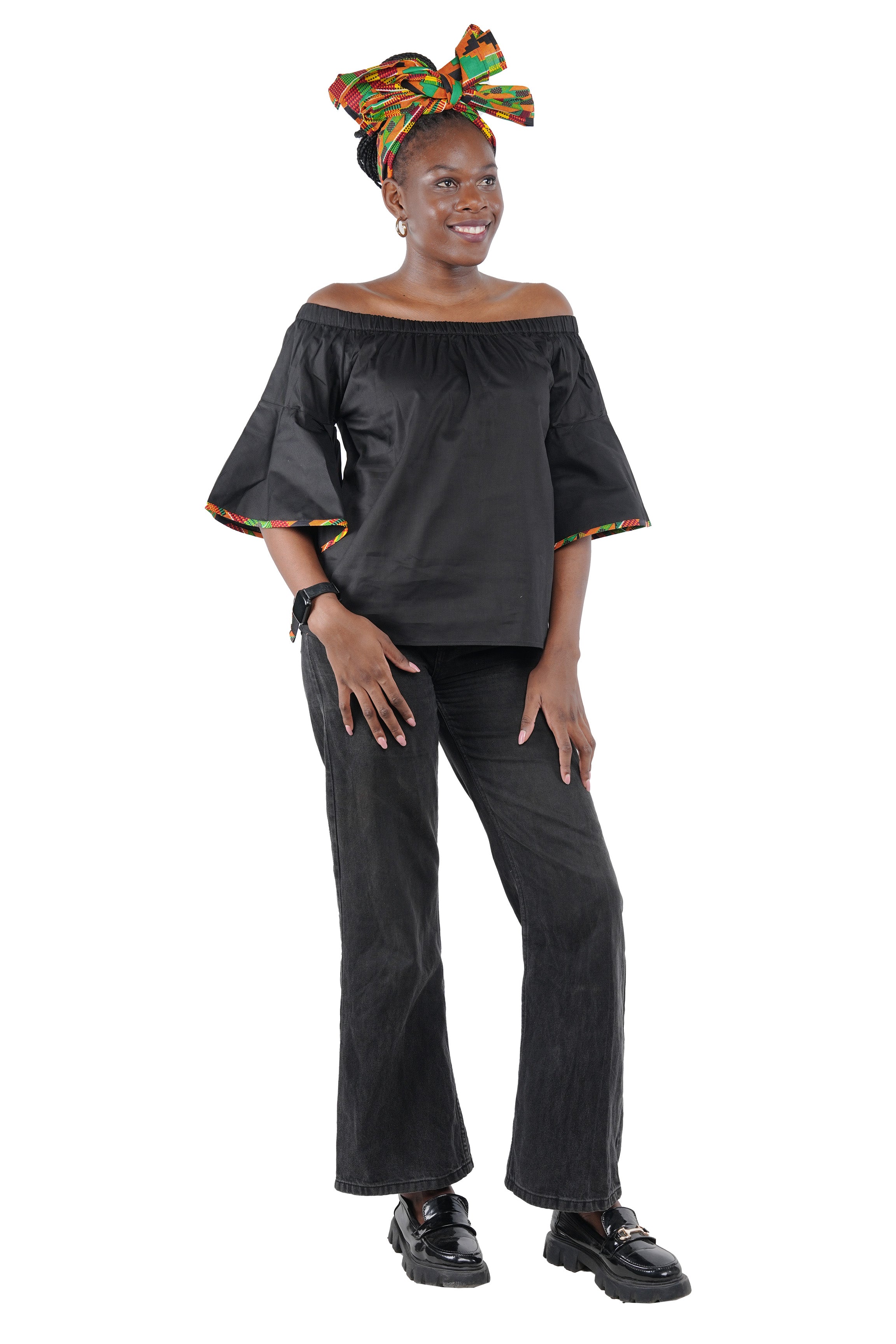 Black Off Shoulder Kente Trim Blouse