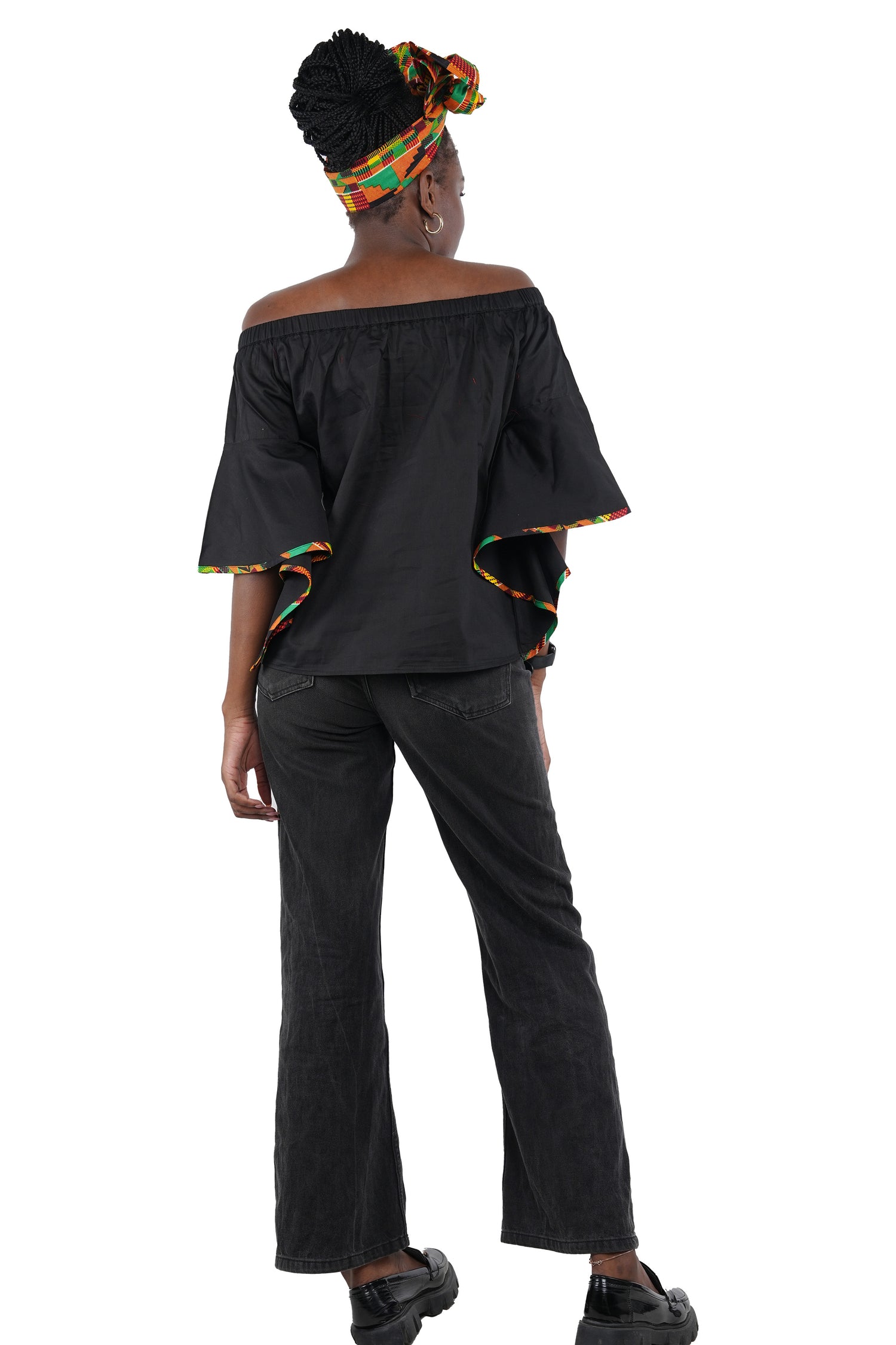 Black Off Shoulder Kente Trim Blouse