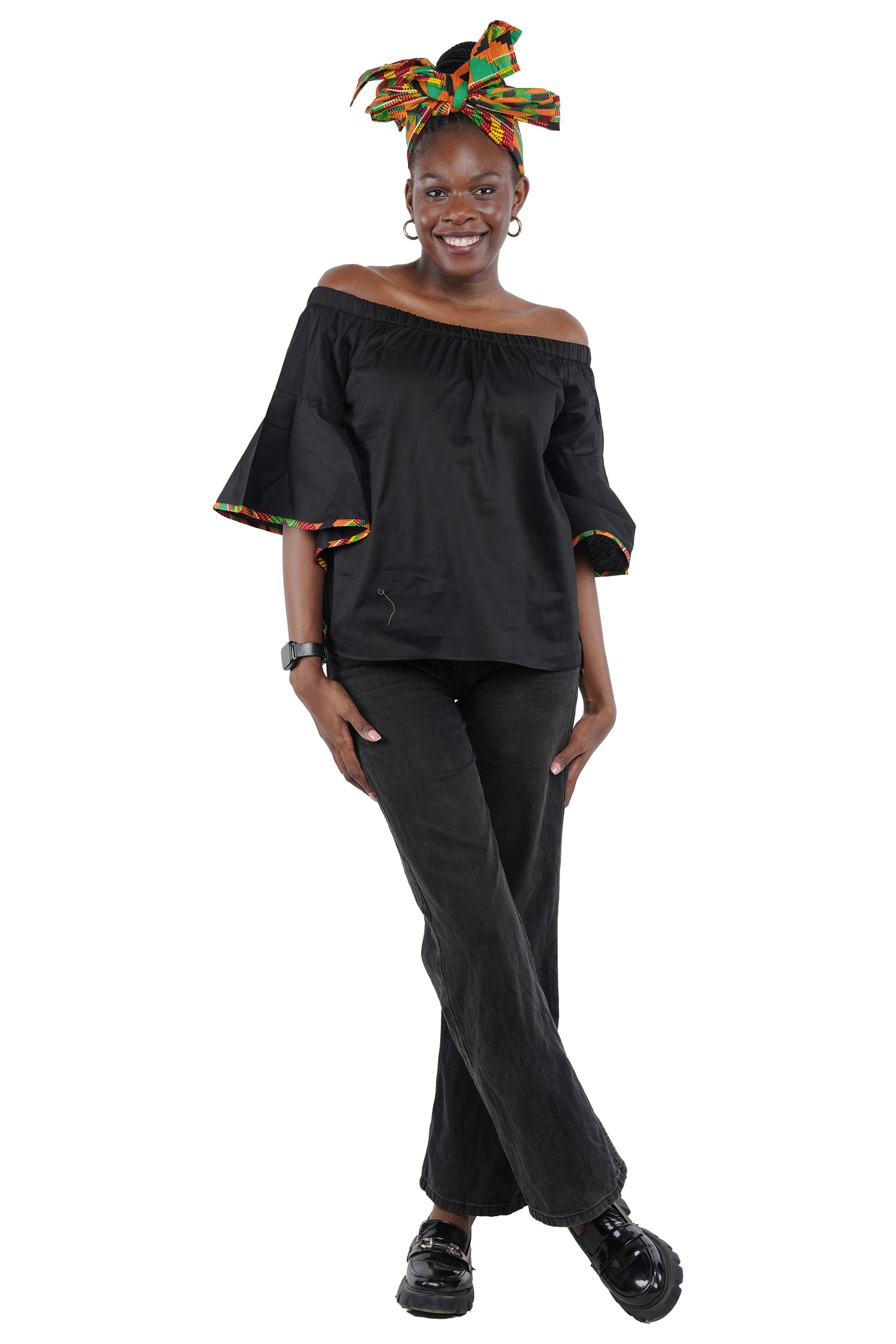 Black Off Shoulder Kente Trim Blouse