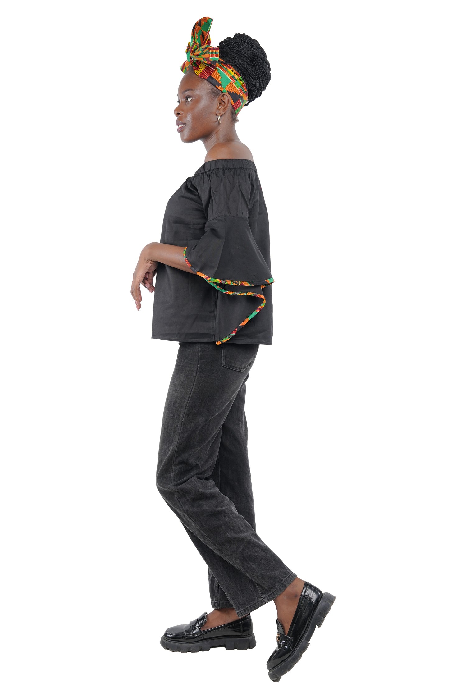 Black Off Shoulder Kente Trim Blouse