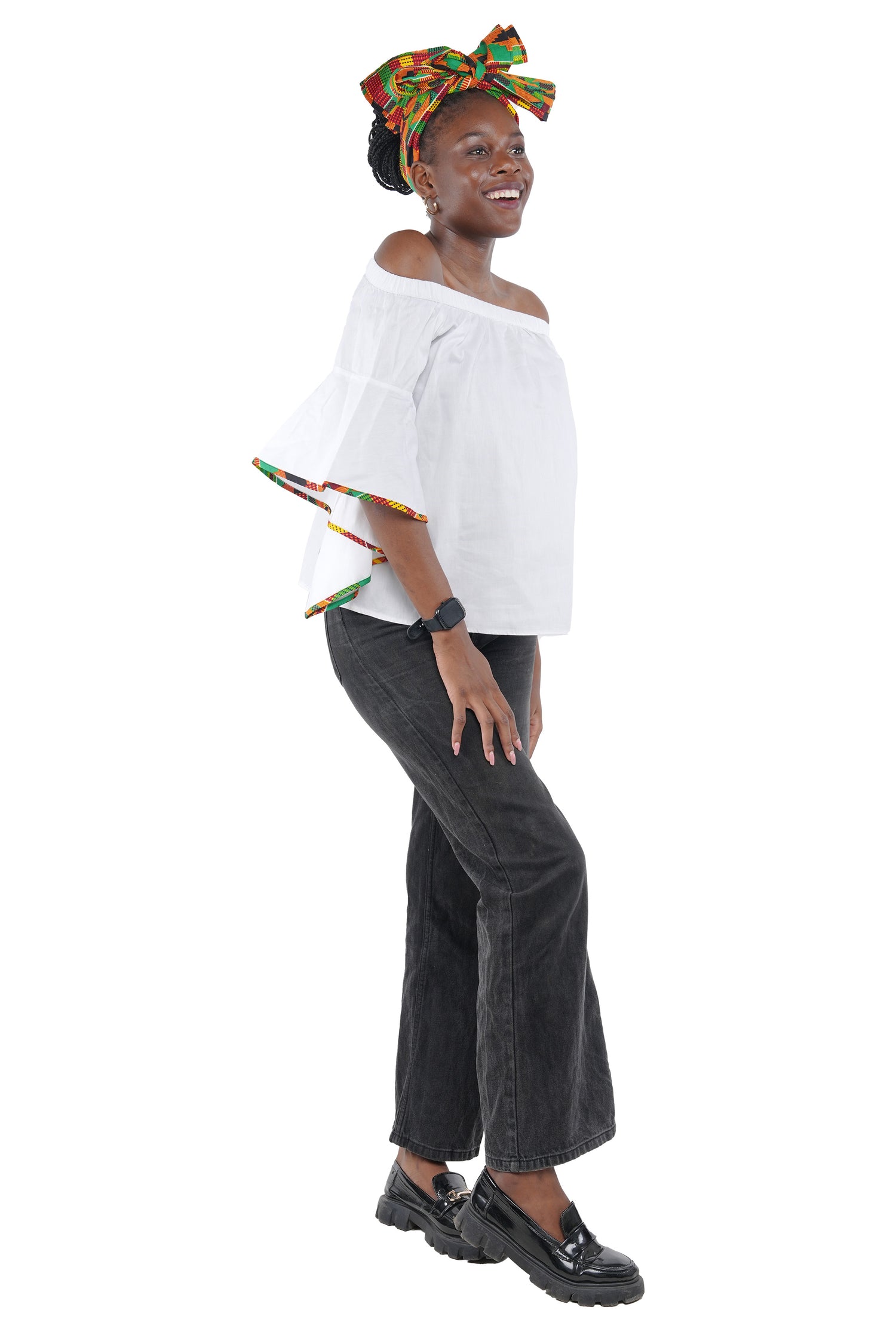 White Off Shoulder Kente Trim Blouse