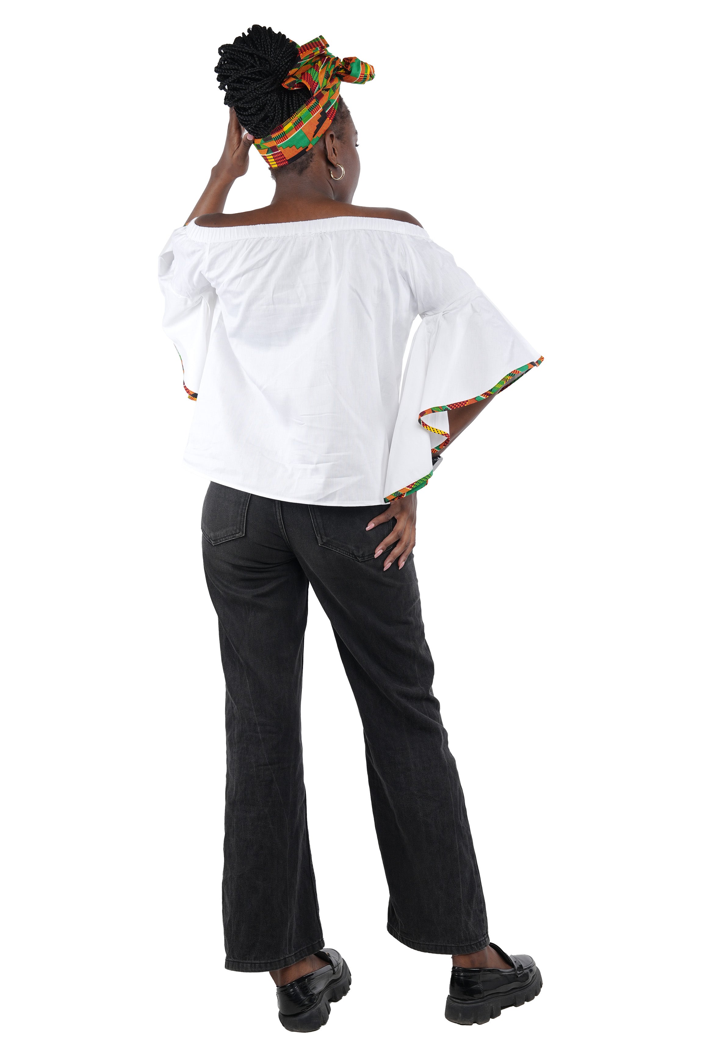 White Off Shoulder Kente Trim Blouse