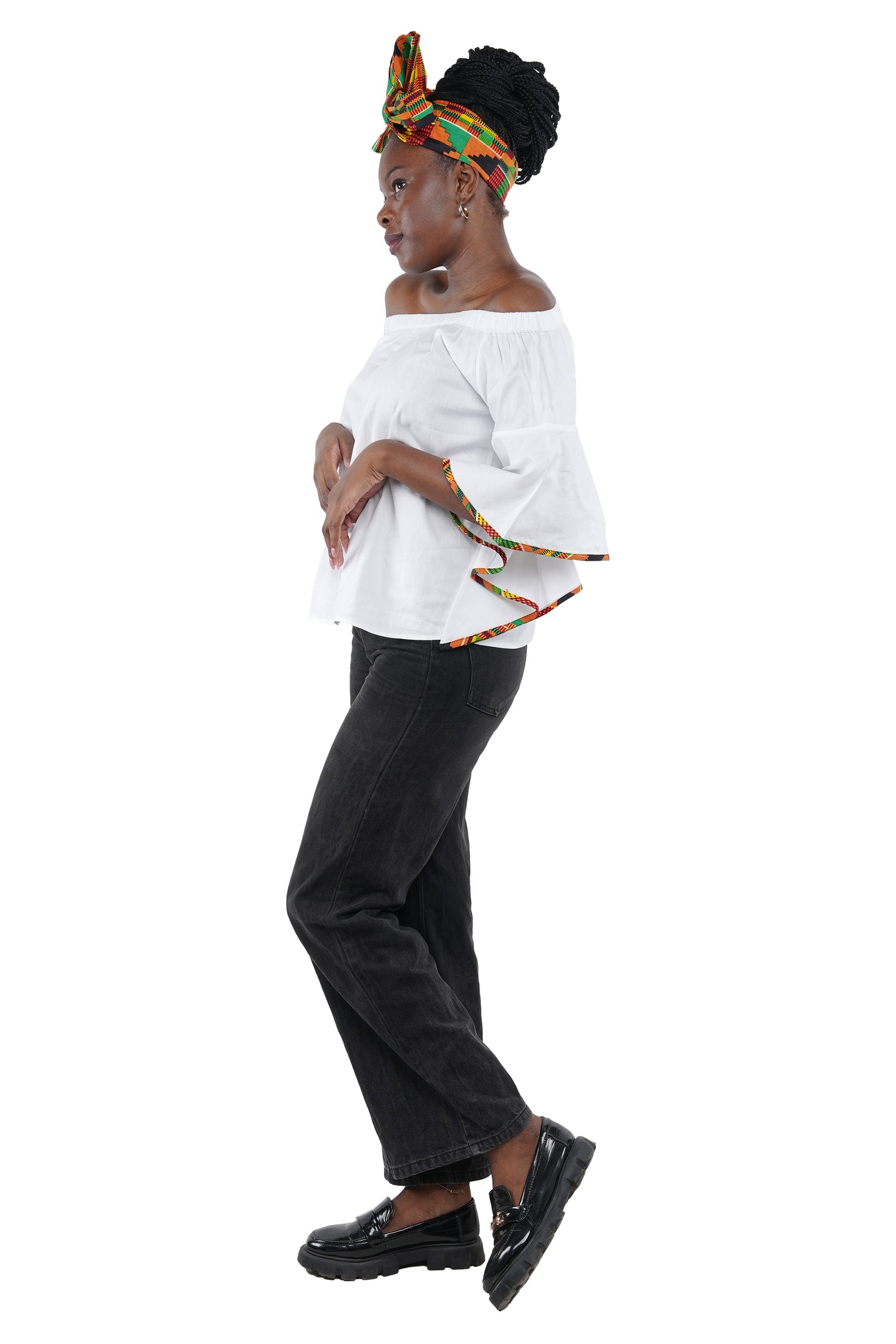 White Off Shoulder Kente Trim Blouse