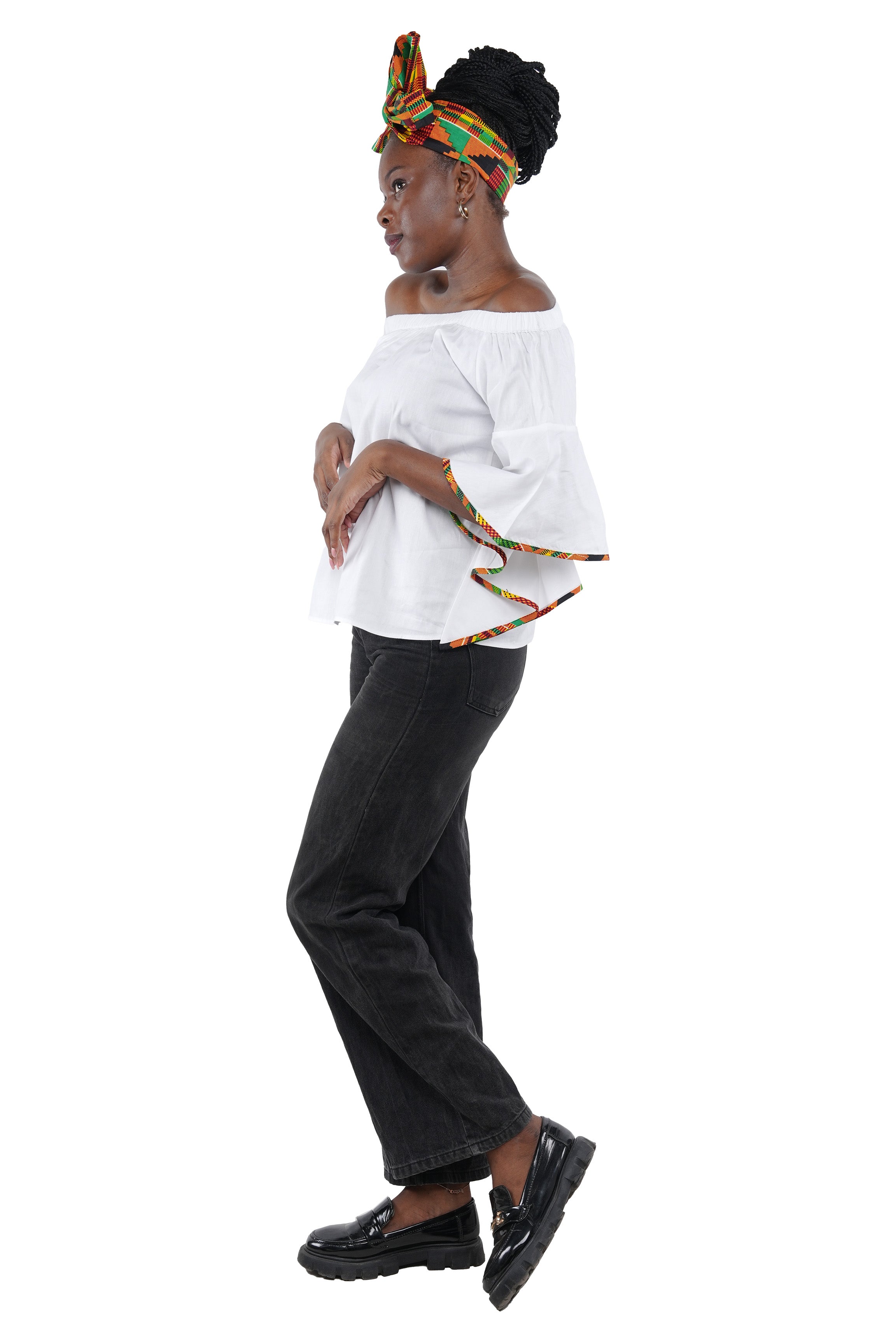 White Off Shoulder Kente Trim Blouse