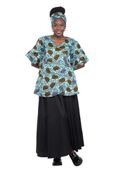 Woman wearing African print wrap top with 3/4 sleeves double layered – cotton, one size,  – Ankara inspired