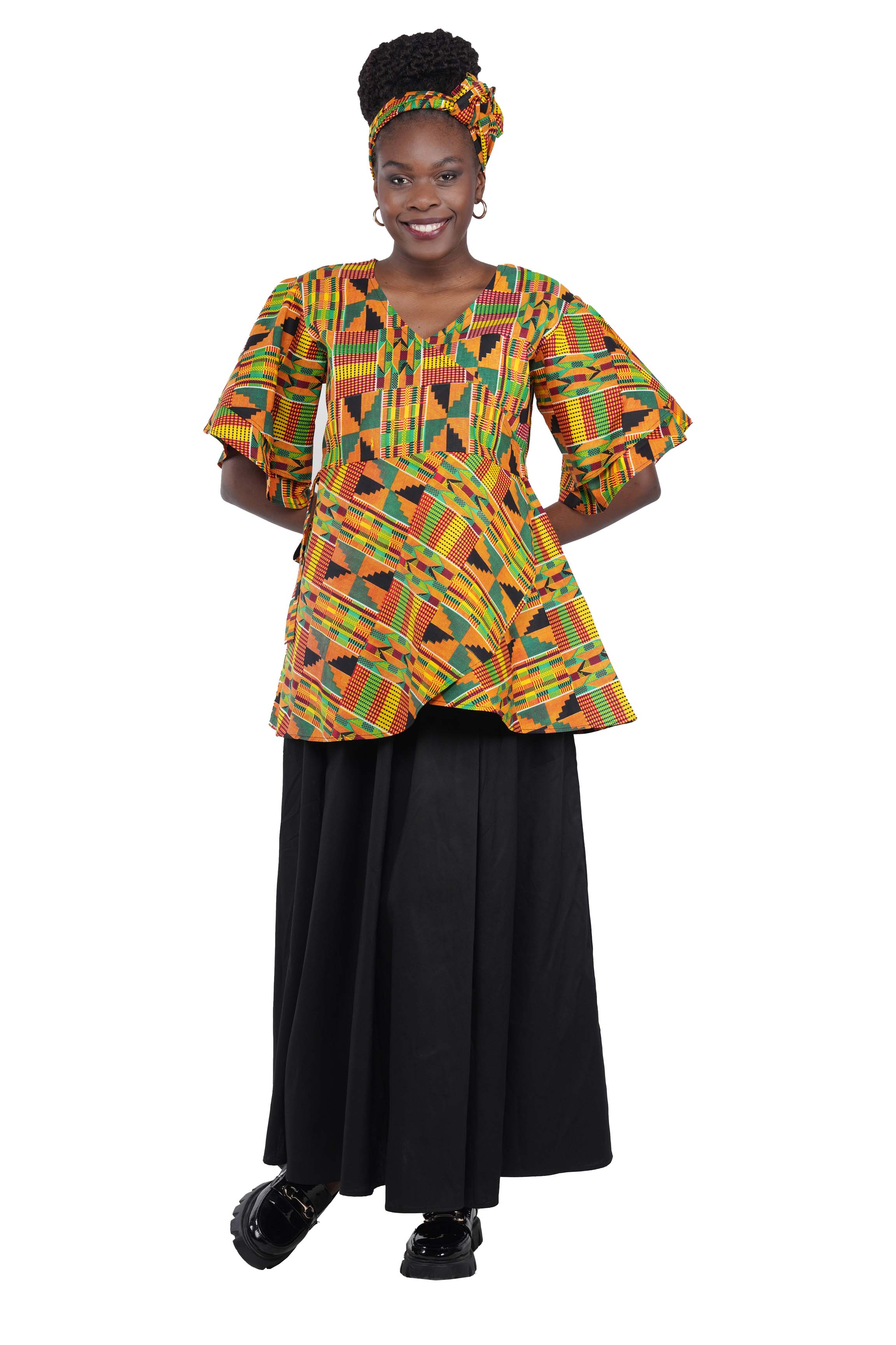 Woman wearing African print wrap top with 3/4 sleeves double layered – cotton, one size, – Ankara inspired