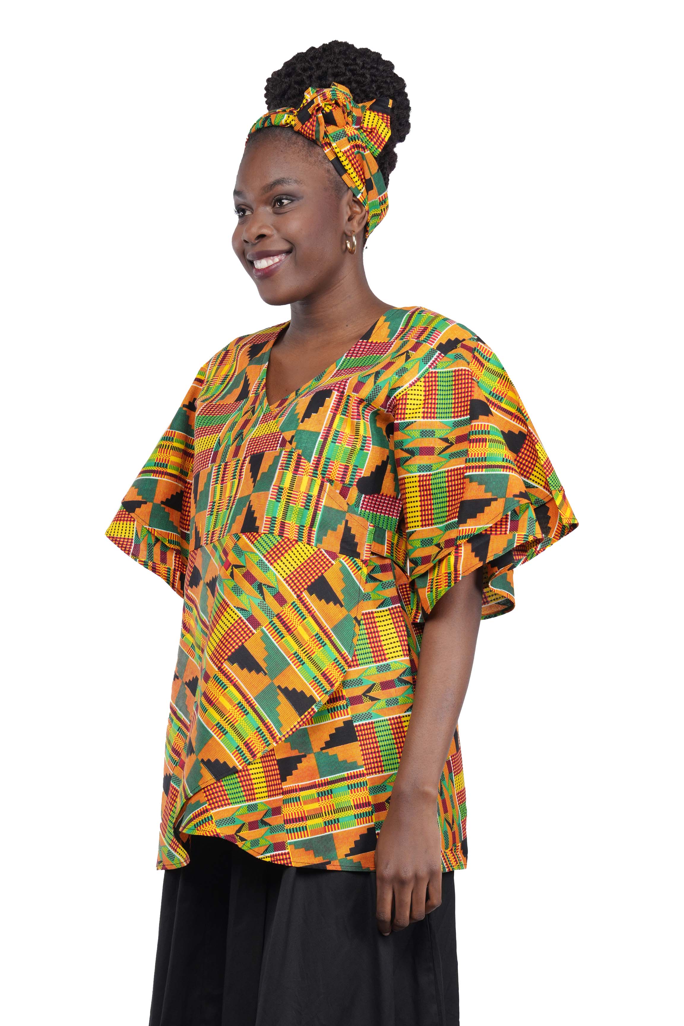 Woman wearing African print wrap top with 3/4 sleeves double layered – cotton, one size, – Ankara inspired