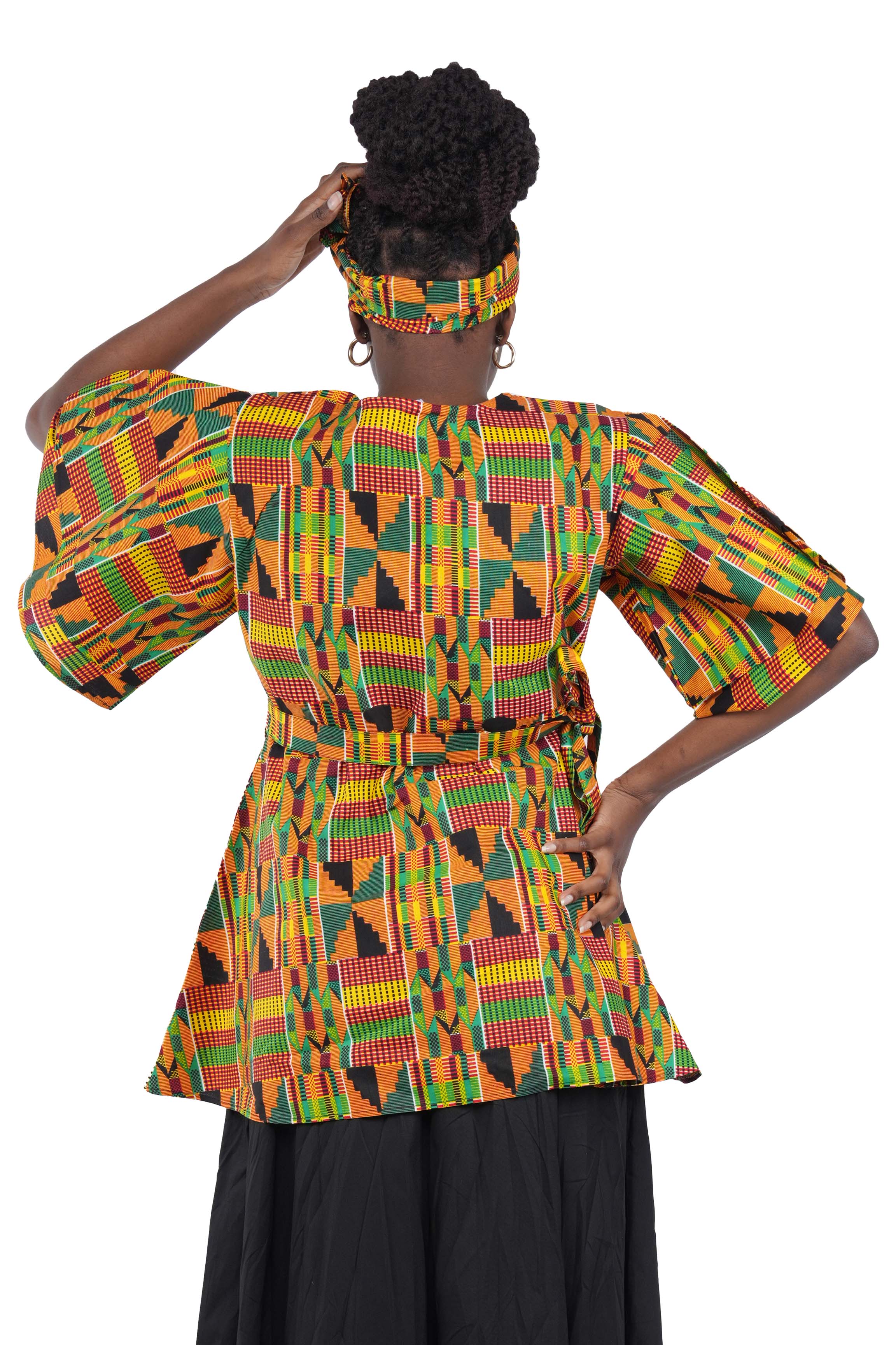 Woman wearing African print wrap top with 3/4 sleeves double layered – cotton, one size, – Ankara inspired