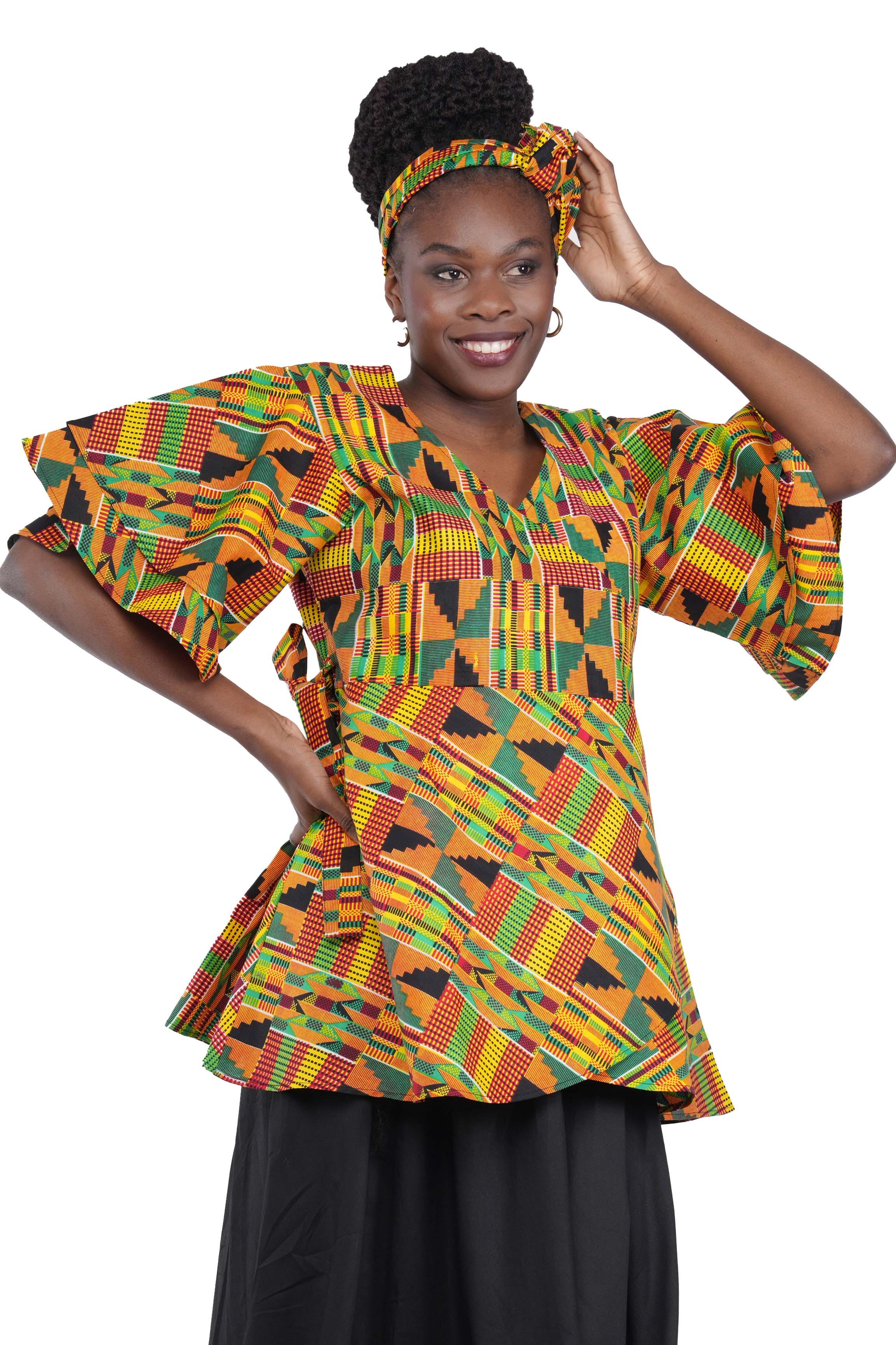Woman wearing African print wrap top with 3/4 sleeves double layered – cotton, one size, – Ankara inspired