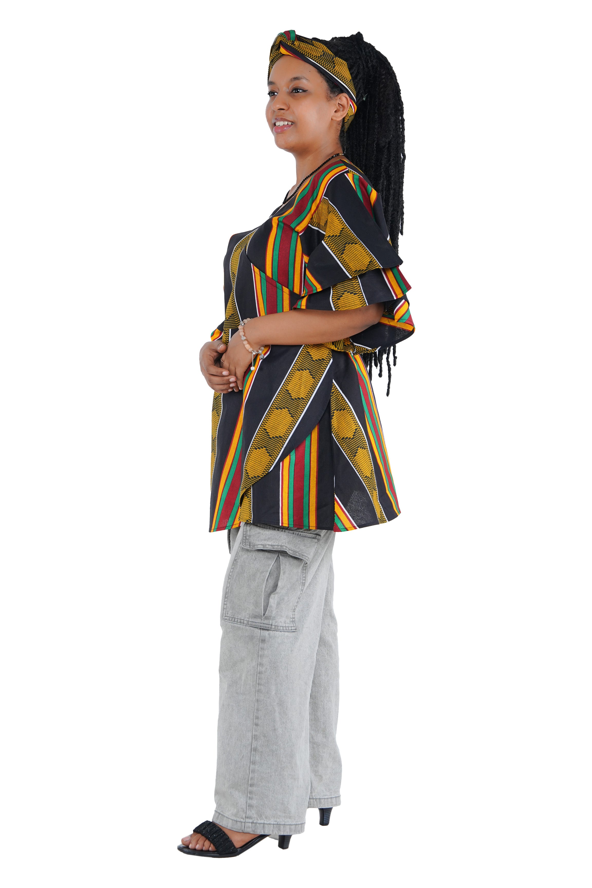 Woman wearing African print wrap top with 3/4 sleeves double layered – cotton, one size,  – Ankara inspired