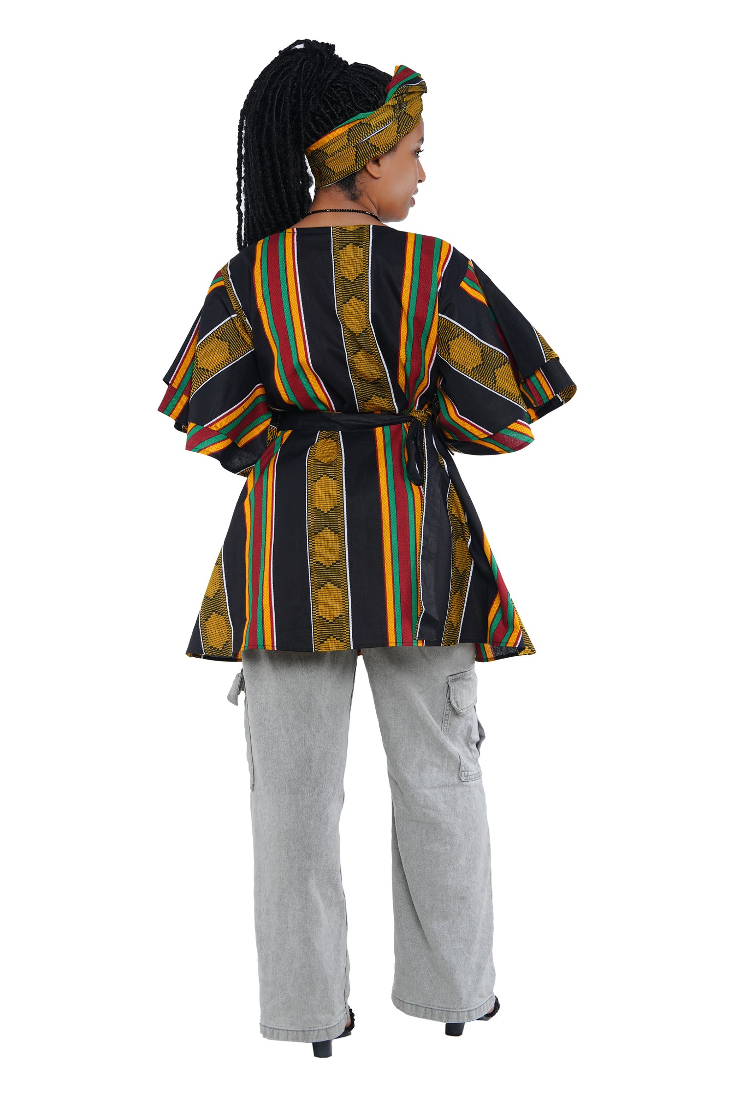 Woman wearing African print wrap top with 3/4 sleeves double layered – cotton, one size,  – Ankara inspired