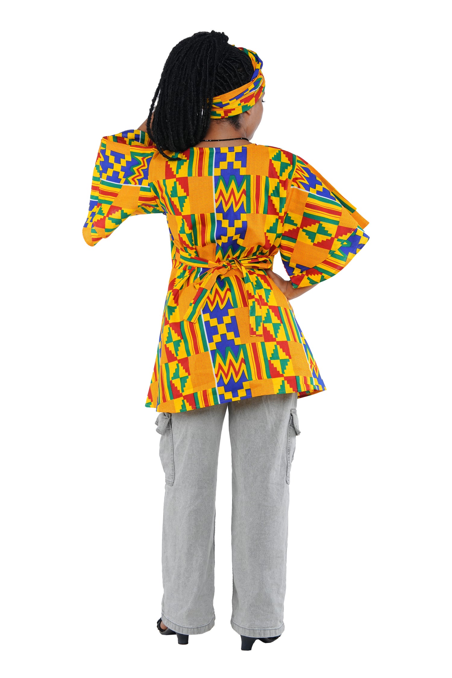 Woman wearing African print wrap top with 3/4 sleeves double layered – cotton, one size,  – Ankara inspired
