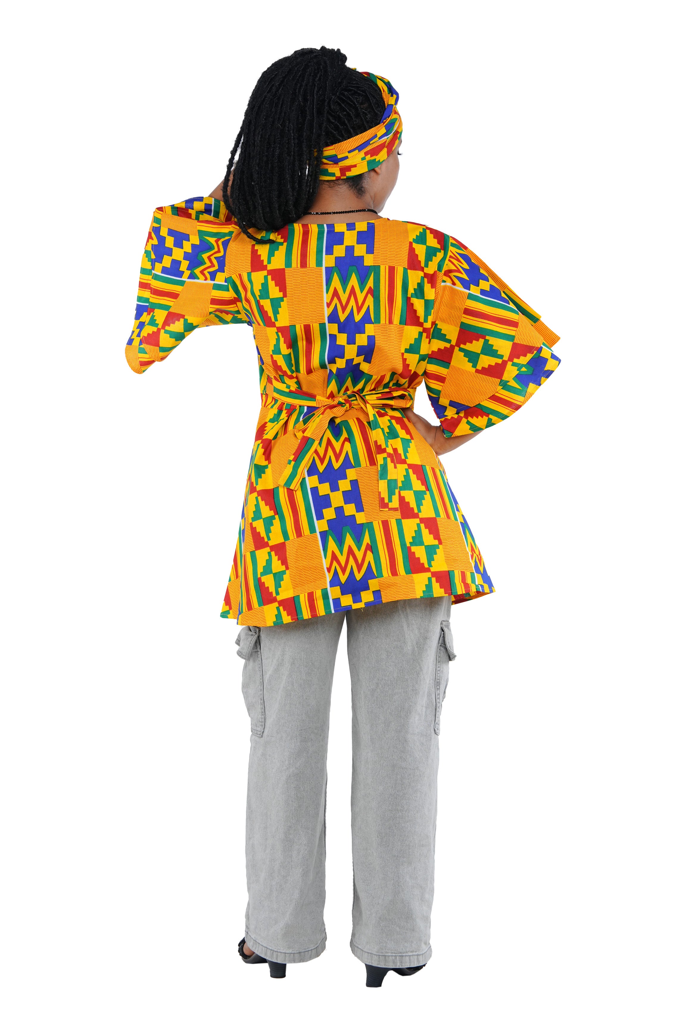 Woman wearing African print wrap top with 3/4 sleeves double layered – cotton, one size,  – Ankara inspired