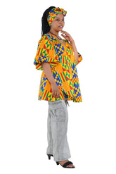 Woman wearing African print wrap top with 3/4 sleeves double layered – cotton, one size,  – Ankara inspired