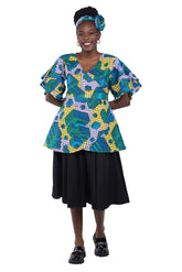 Woman wearing African print wrap top with 3/4 sleeves double layered – cotton, one size,  – Ankara inspired