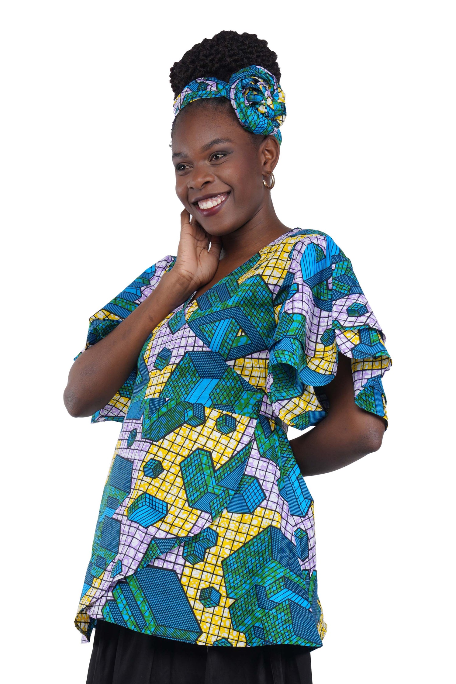 Woman wearing African print wrap top with 3/4 sleeves double layered – cotton, one size,  – Ankara inspired
